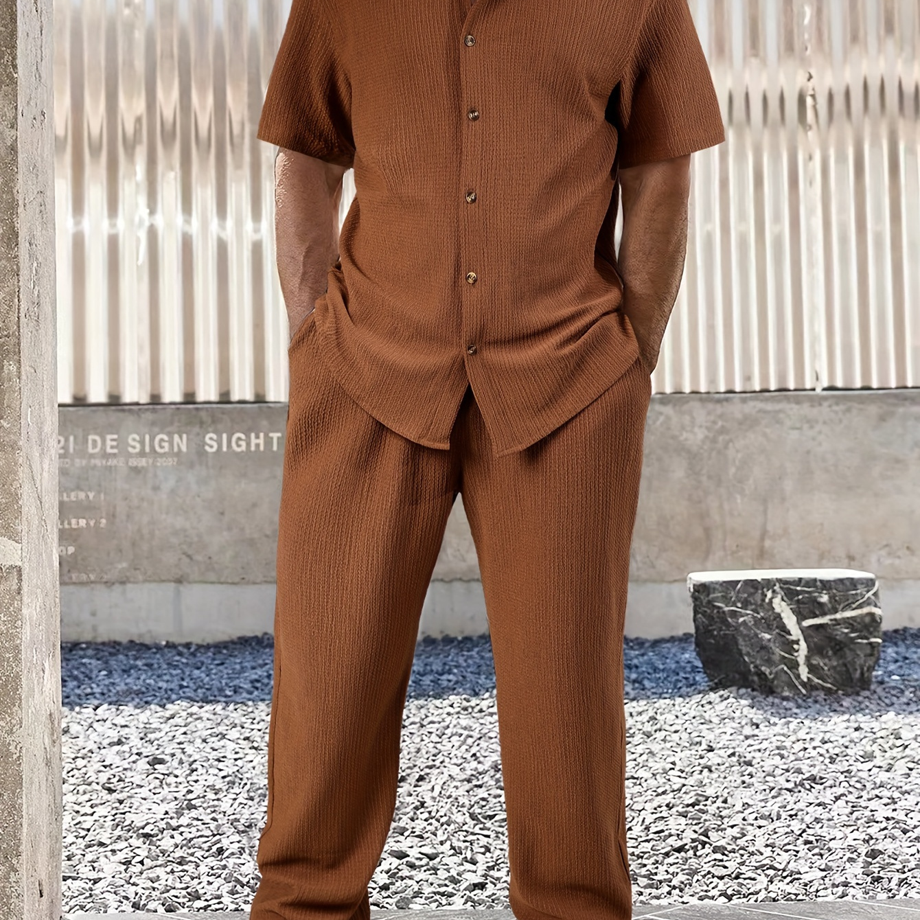 

2-piece Men's Solid Color Summer Outfit Set, Short Sleeve Button Up Lapel Shirt Top & Solid Drawstring Pants With Pockets