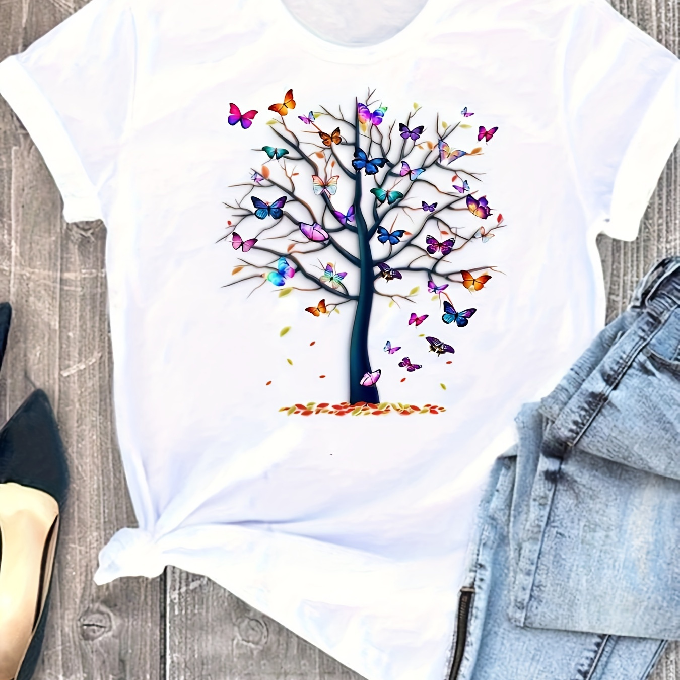 

Butterfly Tree Print T-shirt, Short Sleeve Crew Neck Casual Top For Summer & Spring, Women's Clothing