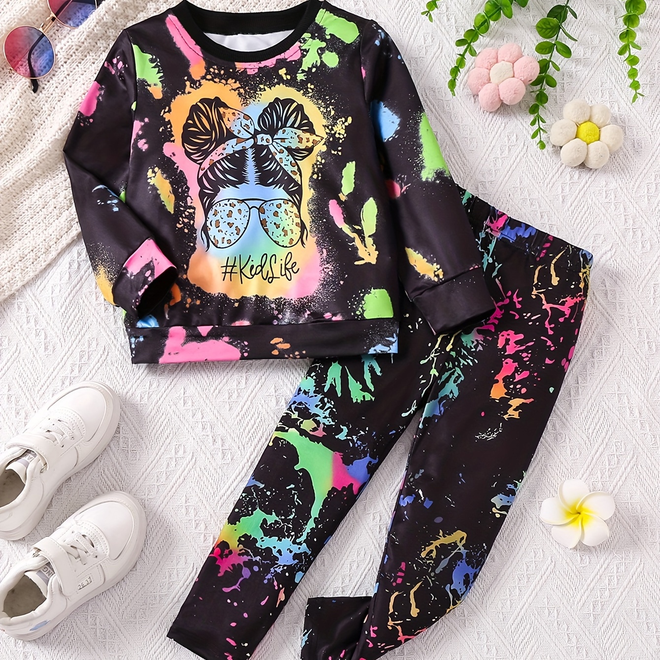 

2pcs Girl's Graffiti Portrait Print Long Sleeve Pullover Top + Pants Casual Set, Girls Spring Fall Outfit