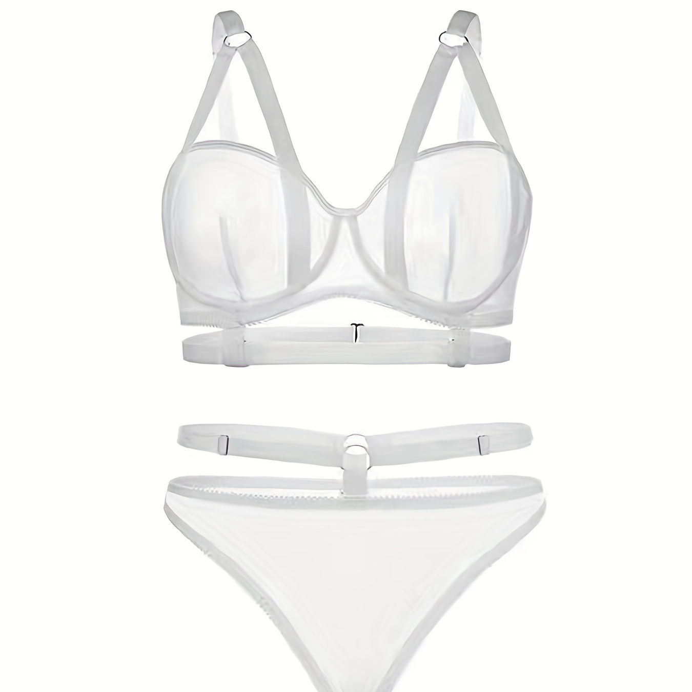 Mesh Panel Bra Set, Sheer Spaghetti Strap Bra & Cheeky Panties