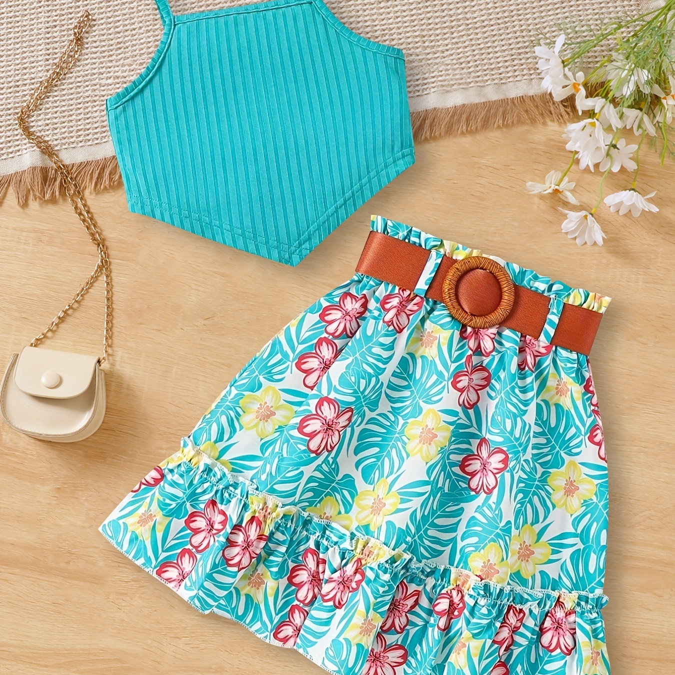 

Girls Tropical Blue Suit Asymmetric Hem Cami Top And High Waist Skirt Set For Vacation Summer Outfit