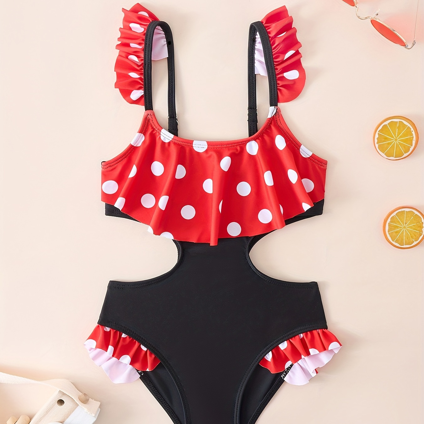 

Girls 1-piece Swimsuit With Red Polka Dots And Ruffled Edges For Pool Beach Summer