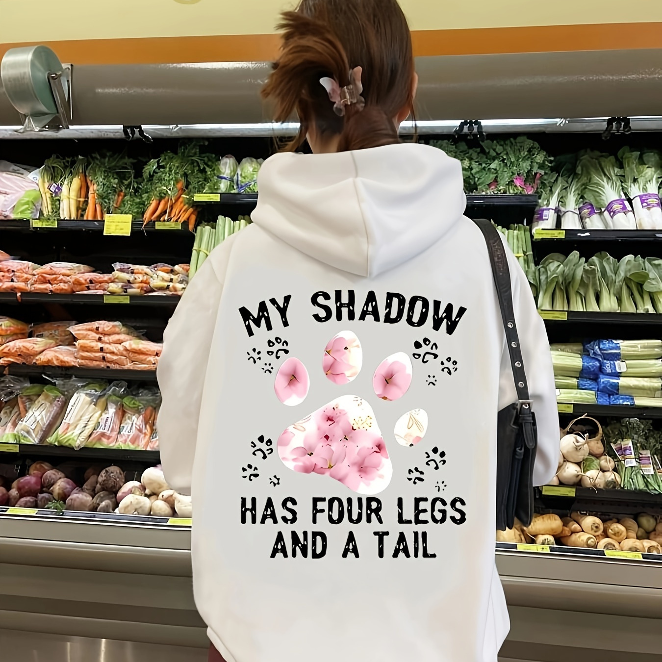 

Casual Hooded Sweatshirt With " Has 4 Legs And A Tail" Print - 100% Polyester Knit Fabric Hoodie With Geometric Paw & Alphabet Pattern, Front Pocket - Women's Hoodie For Spring/summer/fall