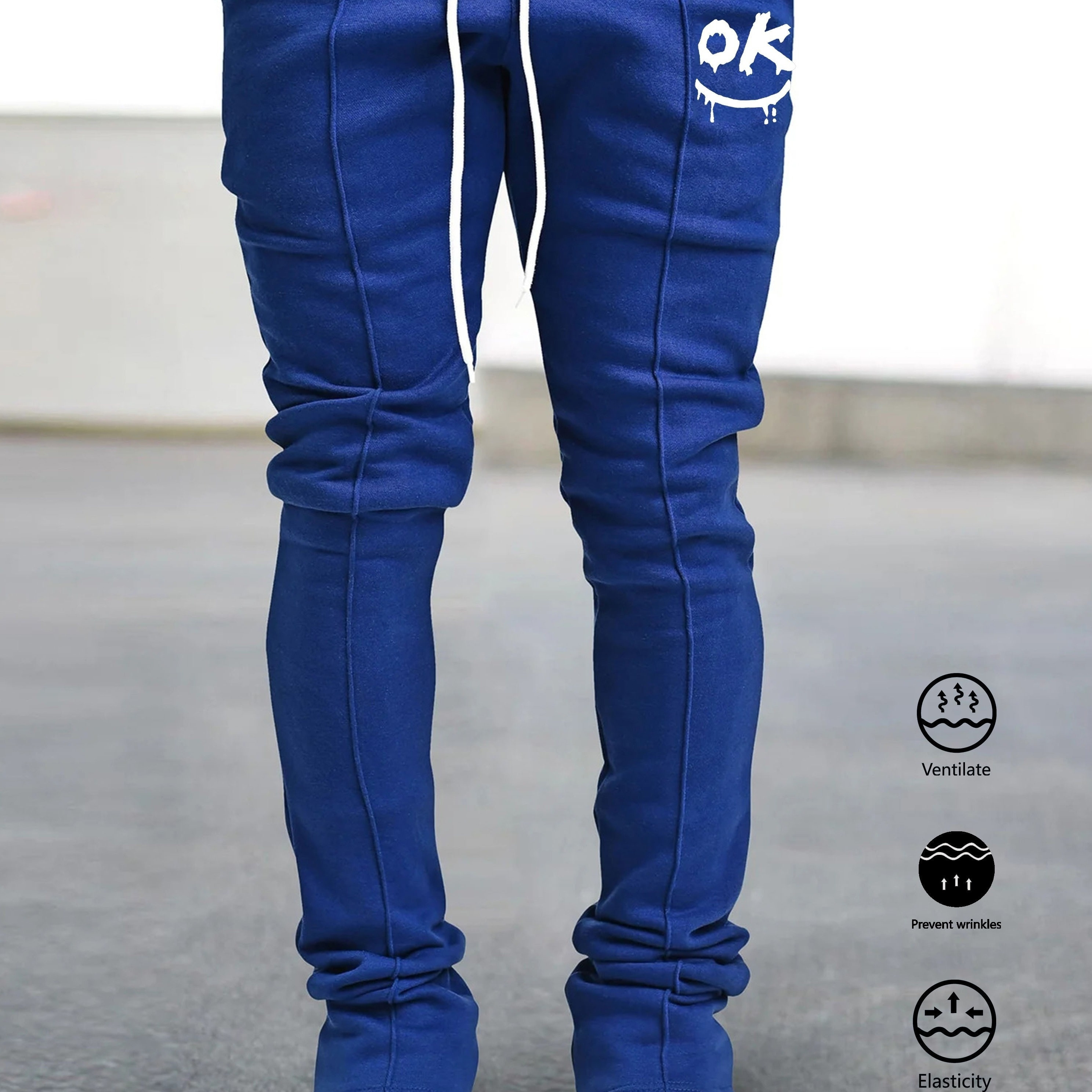 

"ok" Print Flared Trousers, Men's Casual Stretch Hip Hop Style Joggers For Performance Leisure Activities