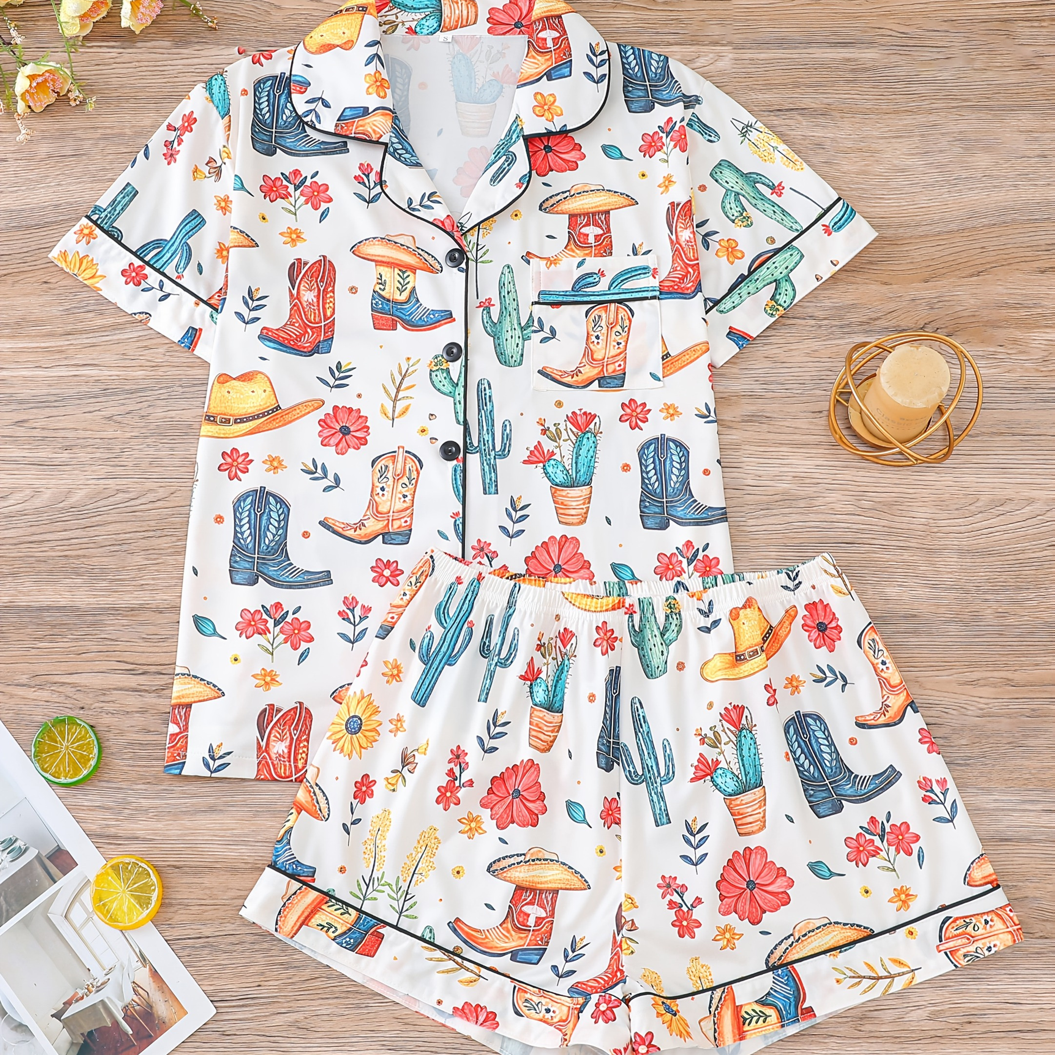 

A Two-piece Women's Pajama Set Featuring Western Cowboy , Including A Short-sleeve Button-up Shirt With A Collar And Loose Shorts, Casual Outdoor Or .