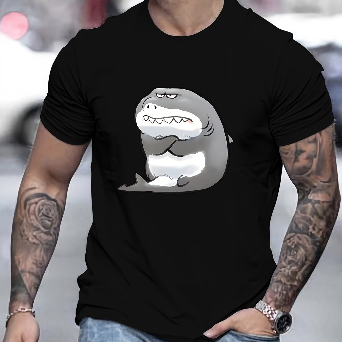 

Angry Shark Graphic Print Men's Creative Top, Casual Short Sleeve Crew Neck T-shirt, Men's Clothing For Summer Outdoor