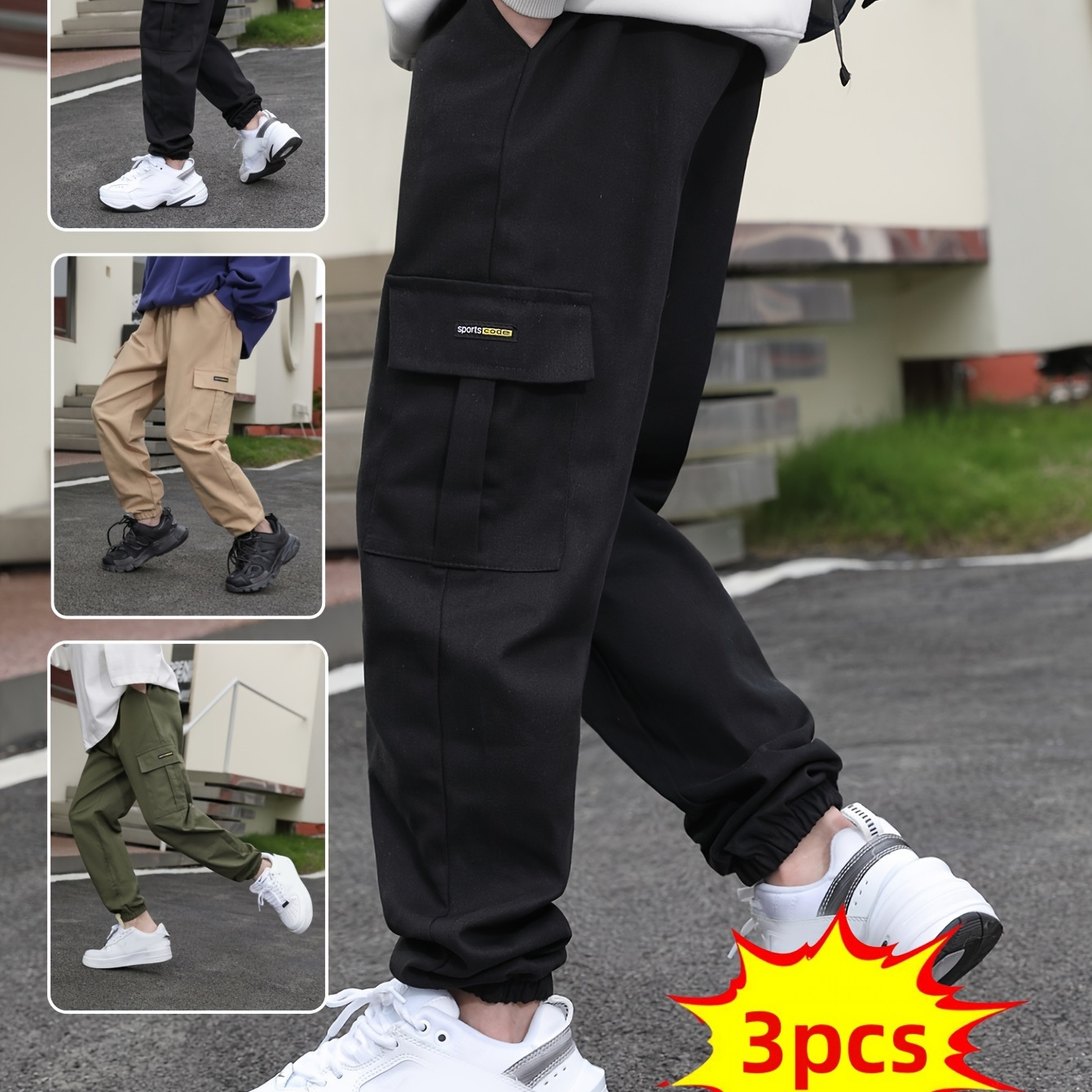 

3pcs Boys Casual Cargo Pants, Elastic Waist Jogger Pants With Pockets, Boys Clothes Outdoor