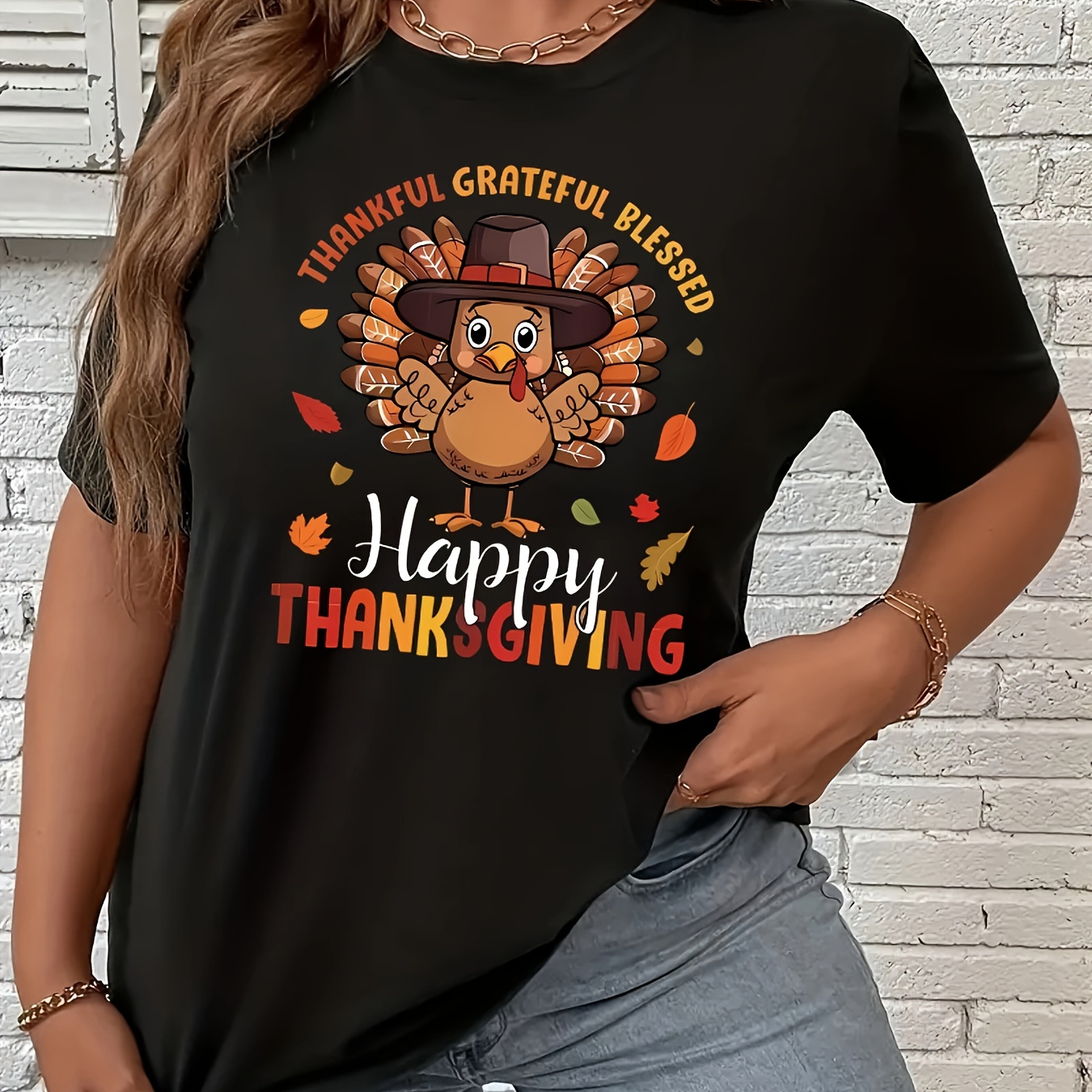 

Thanksgiving Turkey T-shirt For Women - Casual Polyester Knit Fabric, Comfort, Round Neck, Medium Stretch, Alphabet