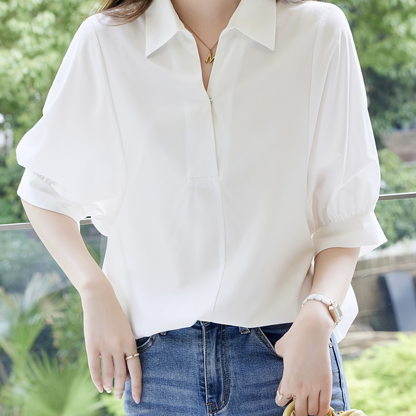 

Solid Color Notched Collar Blouse, Elegant Half Sleeve Loose Blouse For Spring & Summer, Women's Clothing