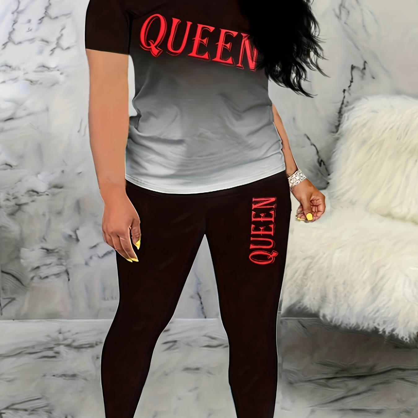 

Casual Letter Print Sporty Two-piece, Crew Neck Short Sleeve T-shirt & Skinny Leggings Outfits, Women's Clothing