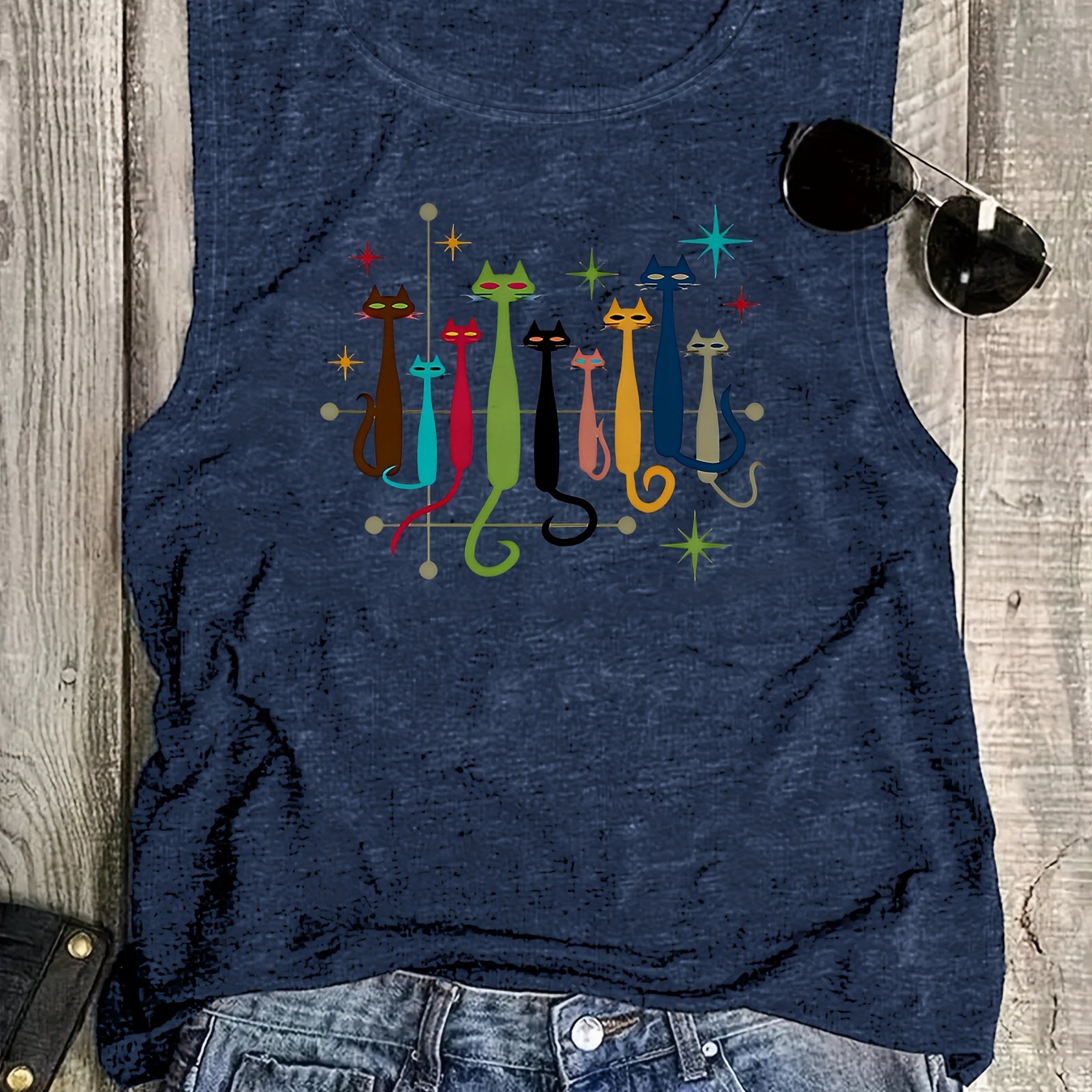 

Colorful Kitten Print Round Neck Versatile Round Neck Sleeveless Vest For Women