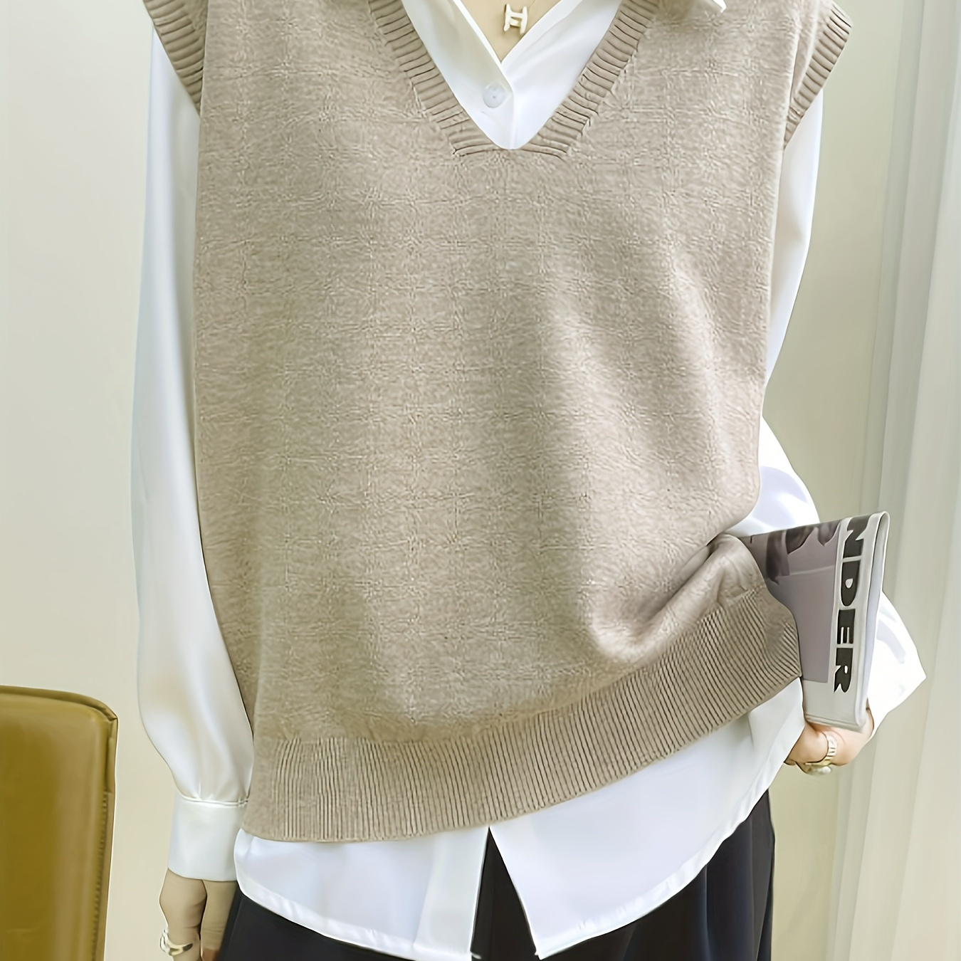 

Women's Chic V-neck Knit Sweater Vest - Casual, Loose-fit, Sleeveless Pullover With Ribbed Hem - Outfits