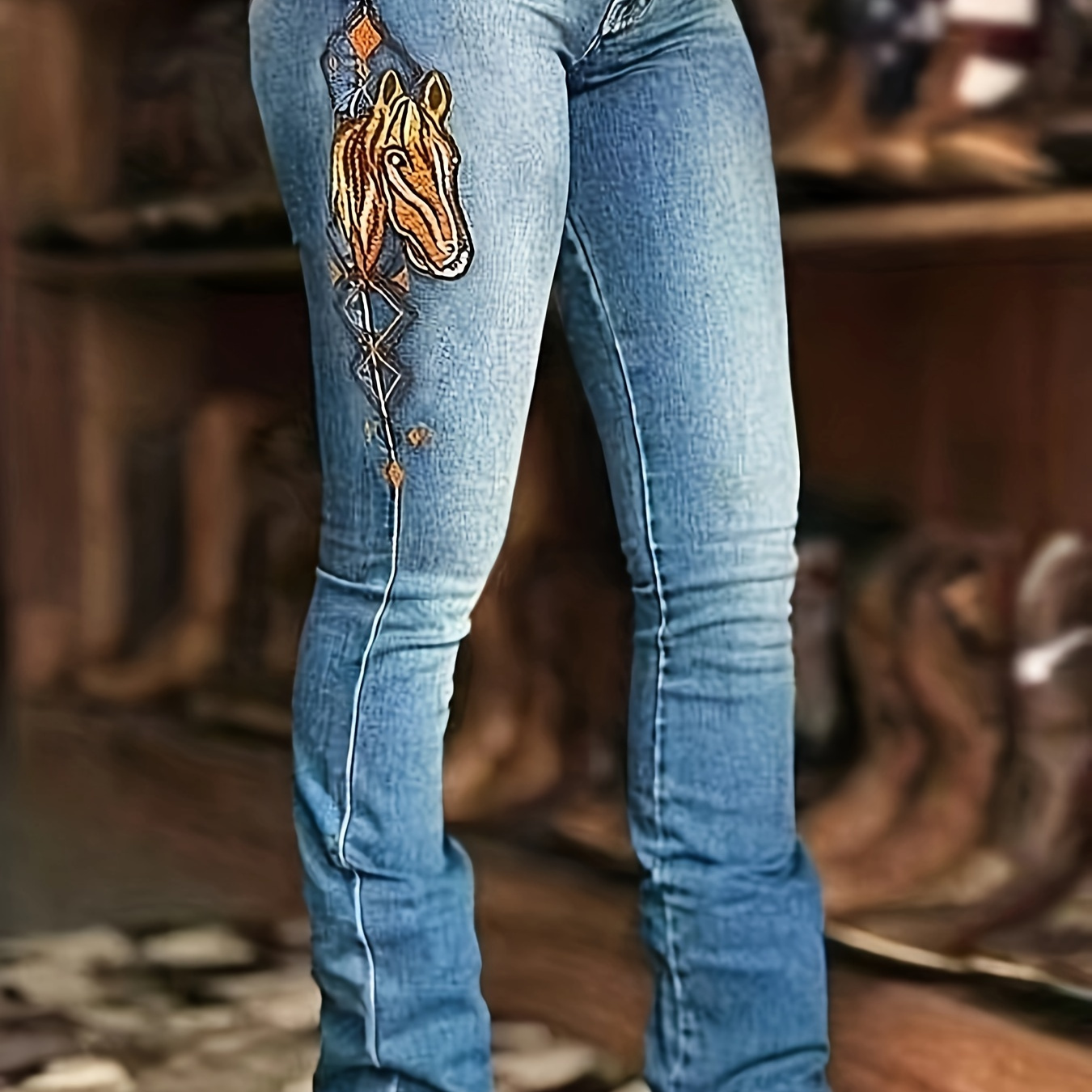 

Women's Stretch Fashion Versatile Horse Embroidered Flare Denim Jeans, Casual Style, Comfort Fit