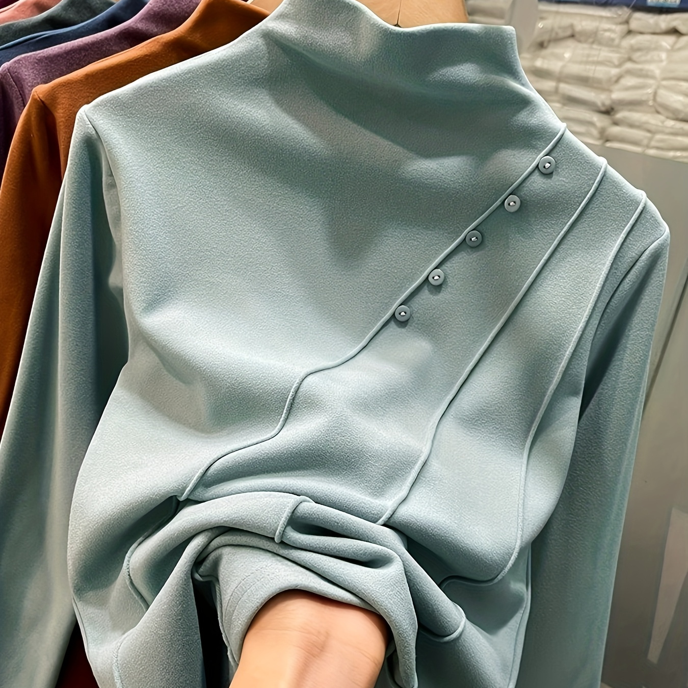 

Women' Light Blue Velvet Turtleneck Top - Soft Long Sleeve Base Layer With Button Details For Fall/winter, Cozy & Warm Innerwear Blouse