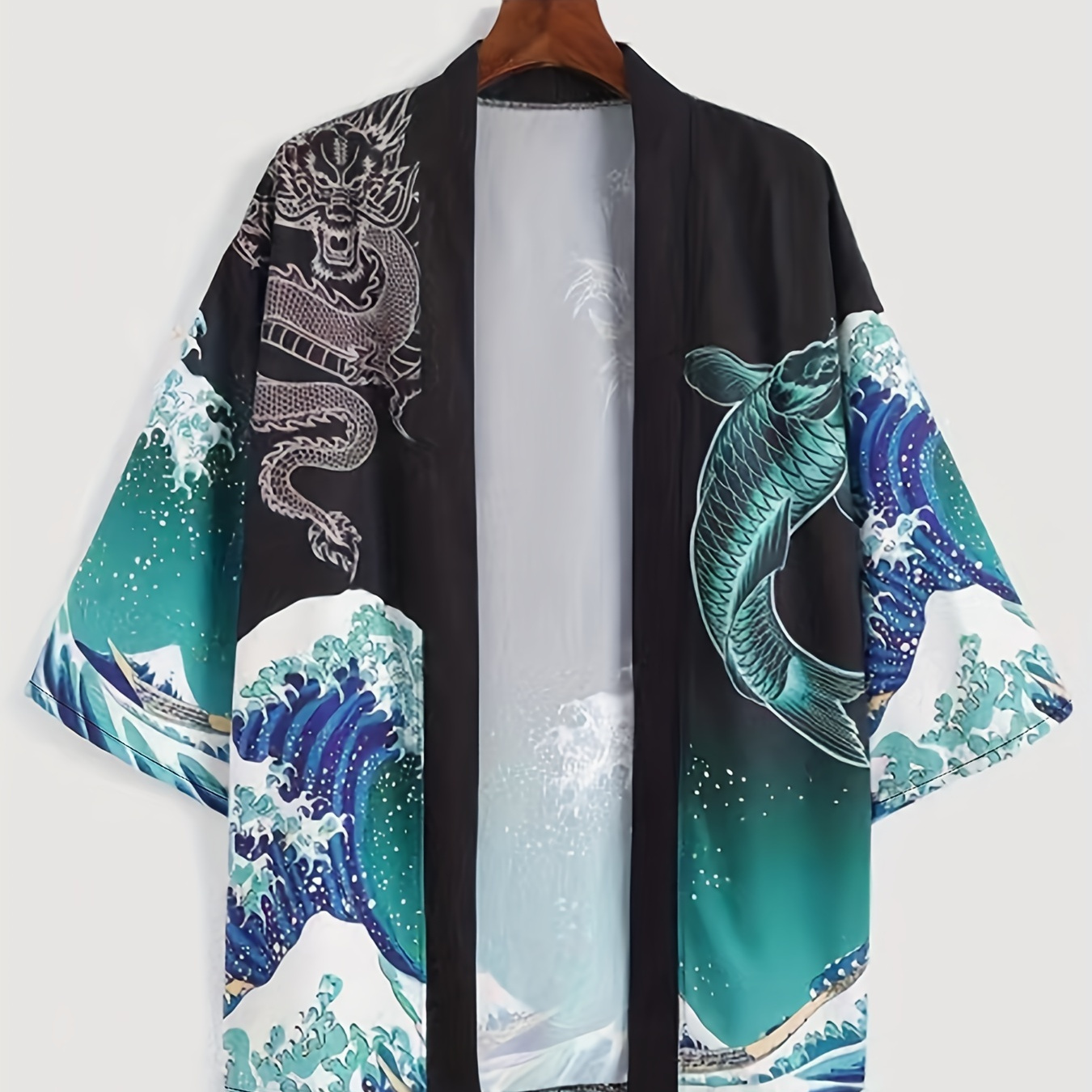 

Tidal Wave Kimono Style Open Front Shirt, Men's Casual Loose Fit Shirt For Summer Vacation Resort Photograph