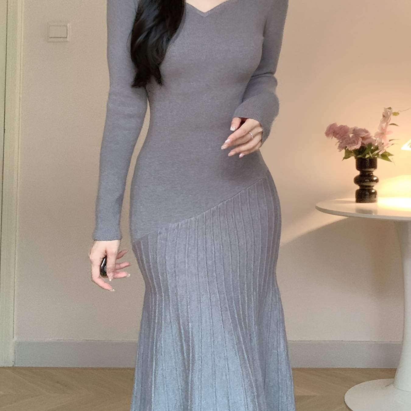 

Long Sleeve V-neck Knit Dress, Polyester, Polyamide, Viscose , Middle Eastern Style, Autumn/winter, Floor-length, A-line, Hand Wash Or