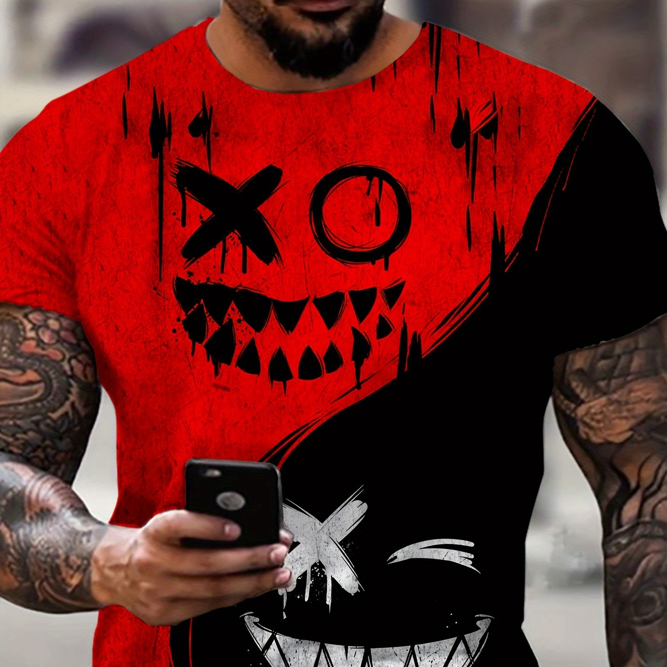 Men's Contrast Color Evil Smiling Face Pattern Print Crew Neck And Short Sleeve T-shirt, Novel And Stylish Tops Suitable For Summer Outdoors Wear