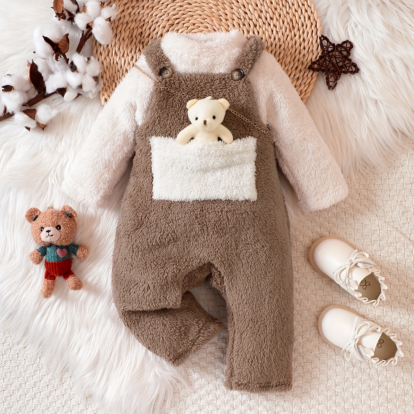 

Baby Girls Cute Bear Graphic Reversible Fleece Bib Pants & Long Sleeve Top Set, Kids Clothes Autumn And Winter