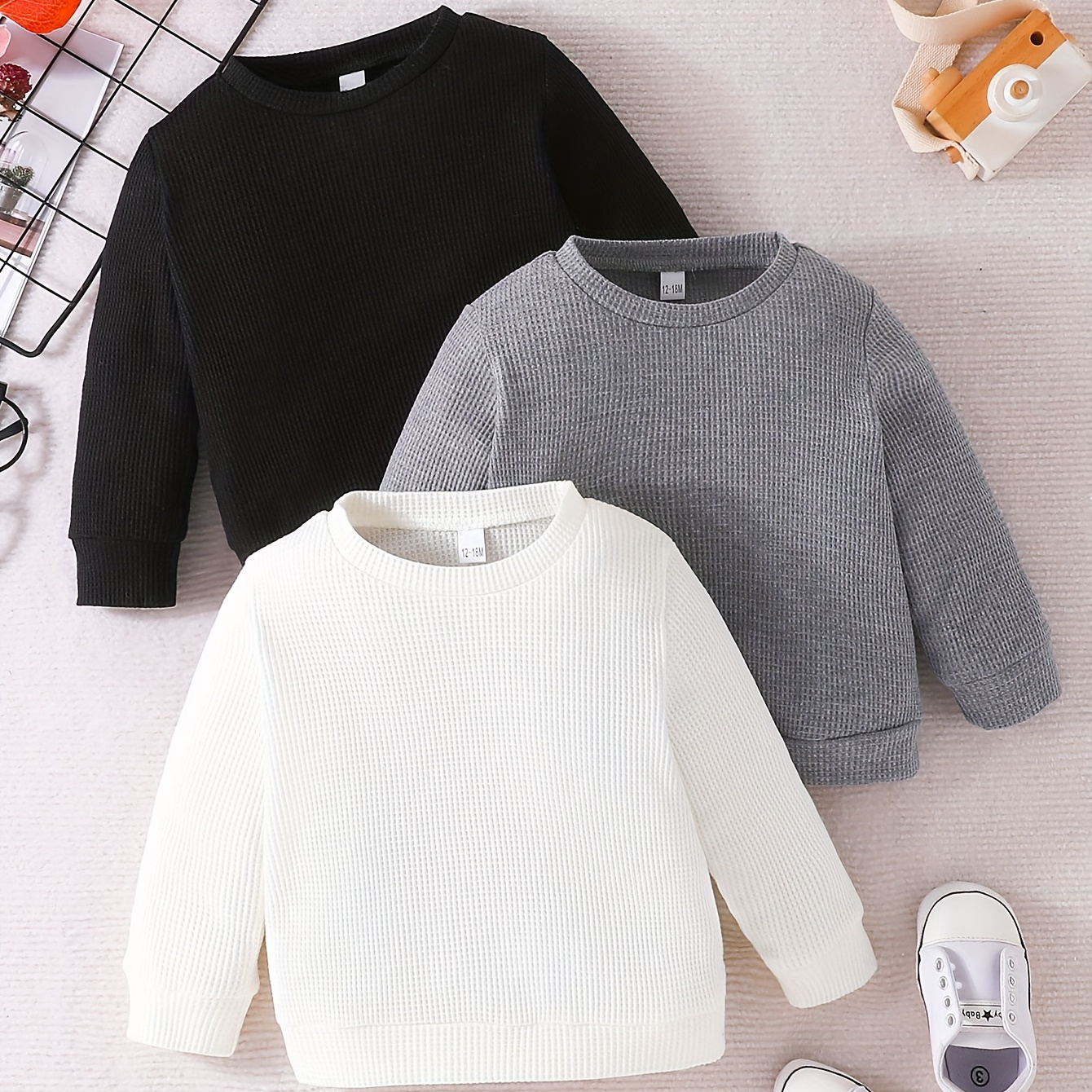 3pcs Solid Textured Sweatshirt For Kids Boys - Keep Your Little One Warm And Trendy!