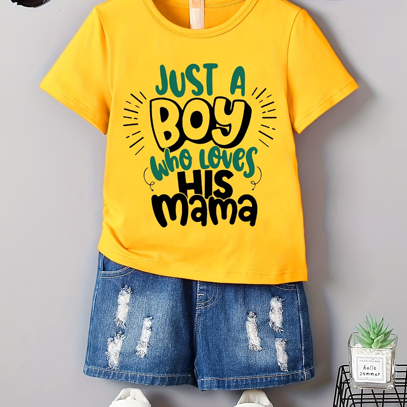 

Just A Boy Who Loves His Mama Print Casual T-shirt For Boys, Comfortable Versatile Summer Tee Tops