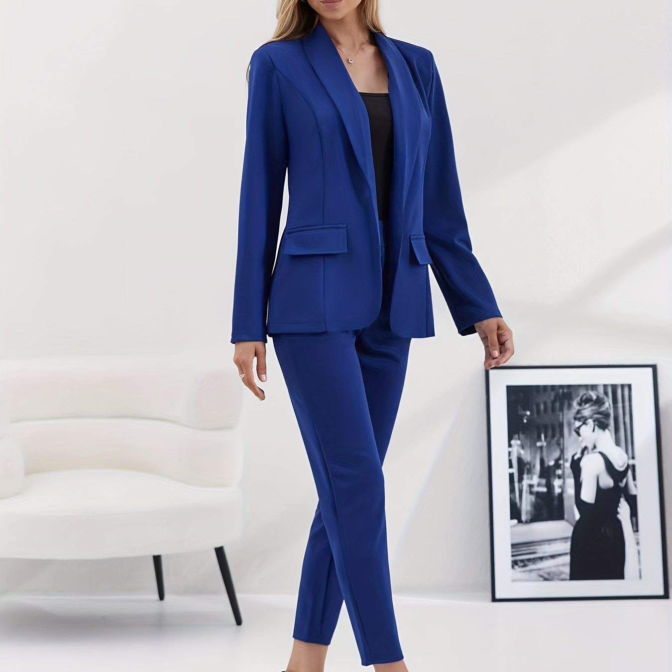 

Elegant Solid Color Office & Work Pantsuits, Lapel Neck Fake Pocket Blazer & Slim Pants Outfits, Women's Clothing