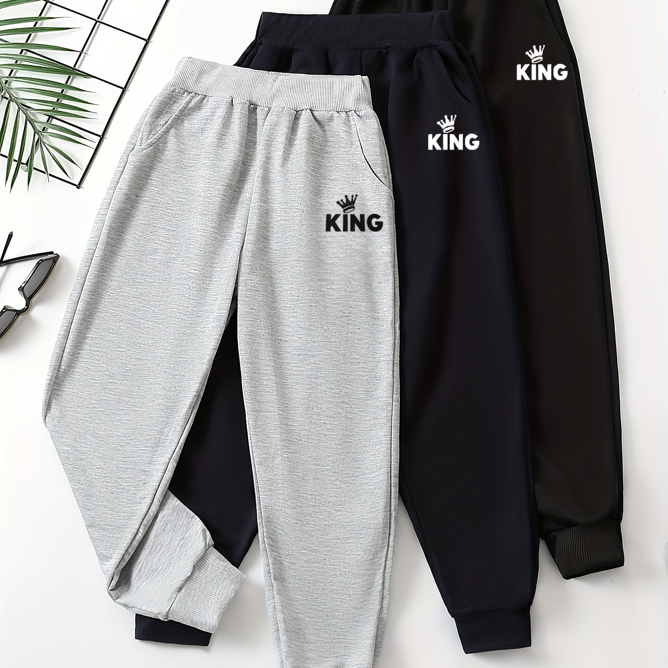 

3pcs Kid's "king" & Crown Print Thin Casual Pants, Elastic Waist Jogger Pants, Comfy Casual Trousers, Boy's Clothes For Spring Fall, As Gift