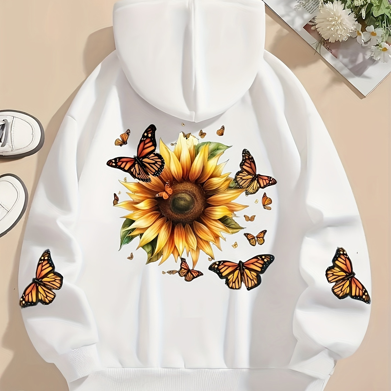 

Sunflower Print Hoodie, Drawstring Casual Hooded Sweatshirt For Winter & Fall, Women's Clothing