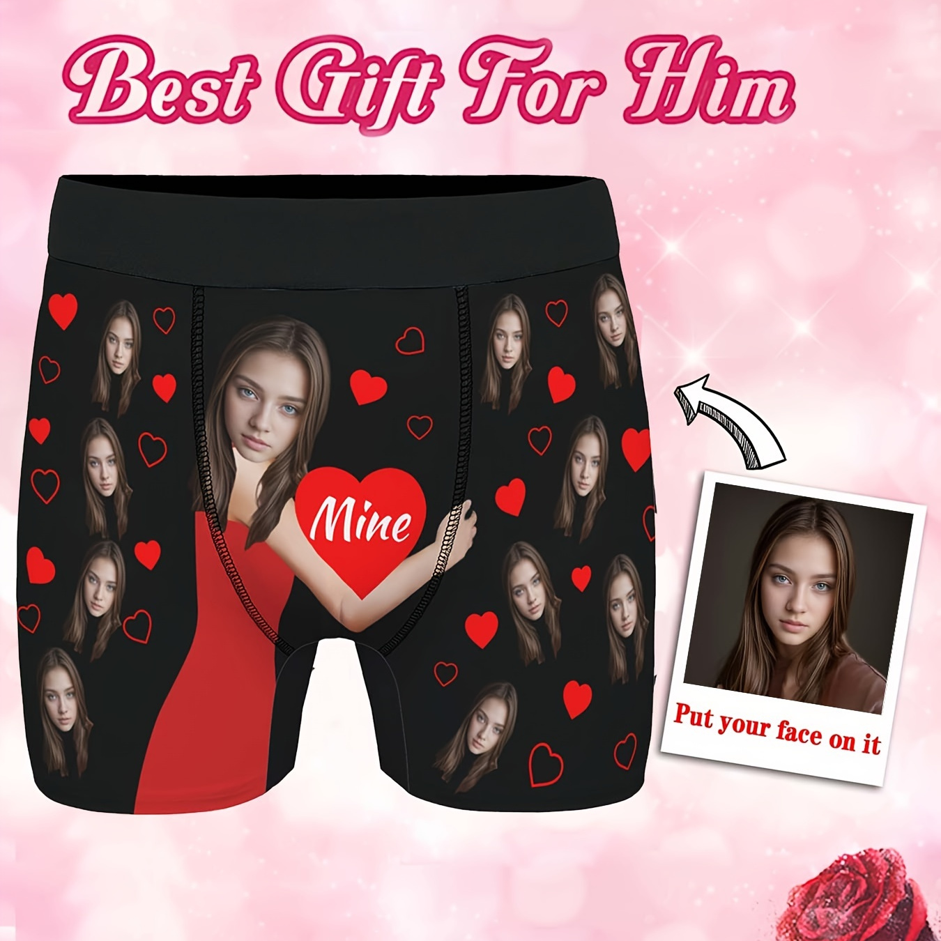 

1pc Custom Photo Print Men's Boxer Briefs, Personalized Heart Pattern, High- Knit Polyester Fabric, Unique Gift For Him, With Anniversary Or