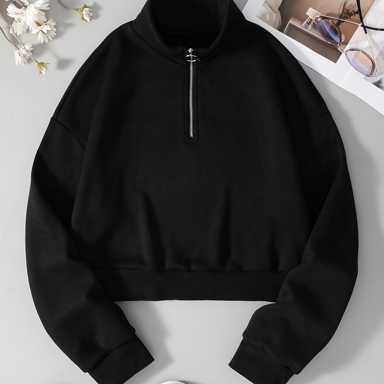 

Women's Casual Stand Collar Half-zip Sweatshirt, Polyester 95% Elastane 5%, Solid Color, Knit Fabric, Fall/winter Collection