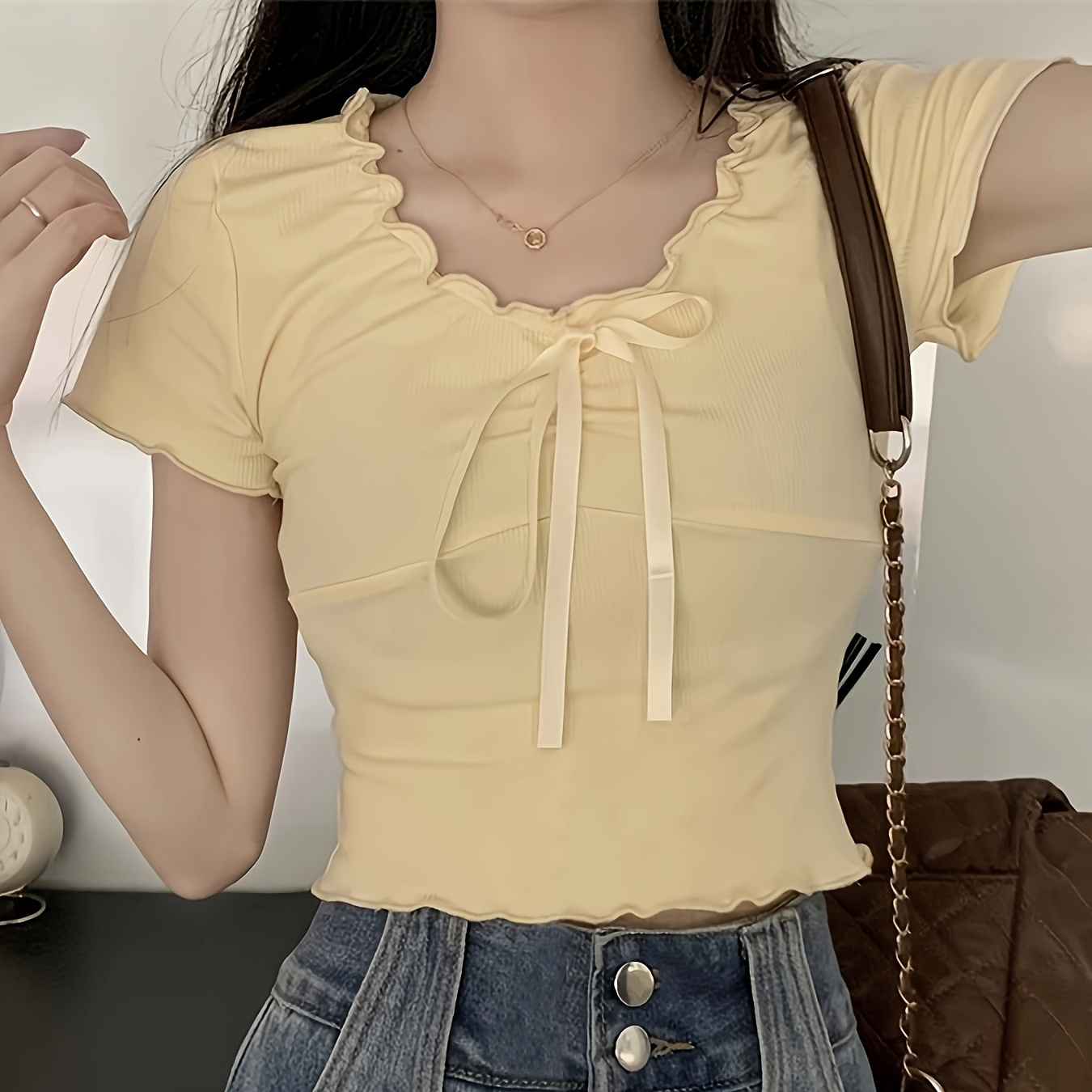 

Lettuce Trim Tie Front Crop T-shirt, Y2k Slim Short Sleeve T-shirt For Spring & Summer, Women's Clothing