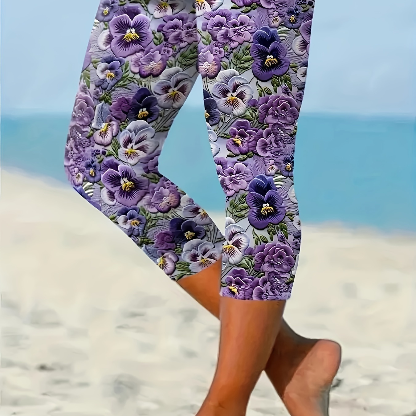 

Plus Size Floral Print Capri Leggings, Casual High Waist Stretchy Leggings For Spring & Summer, Women's Plus Size Clothing