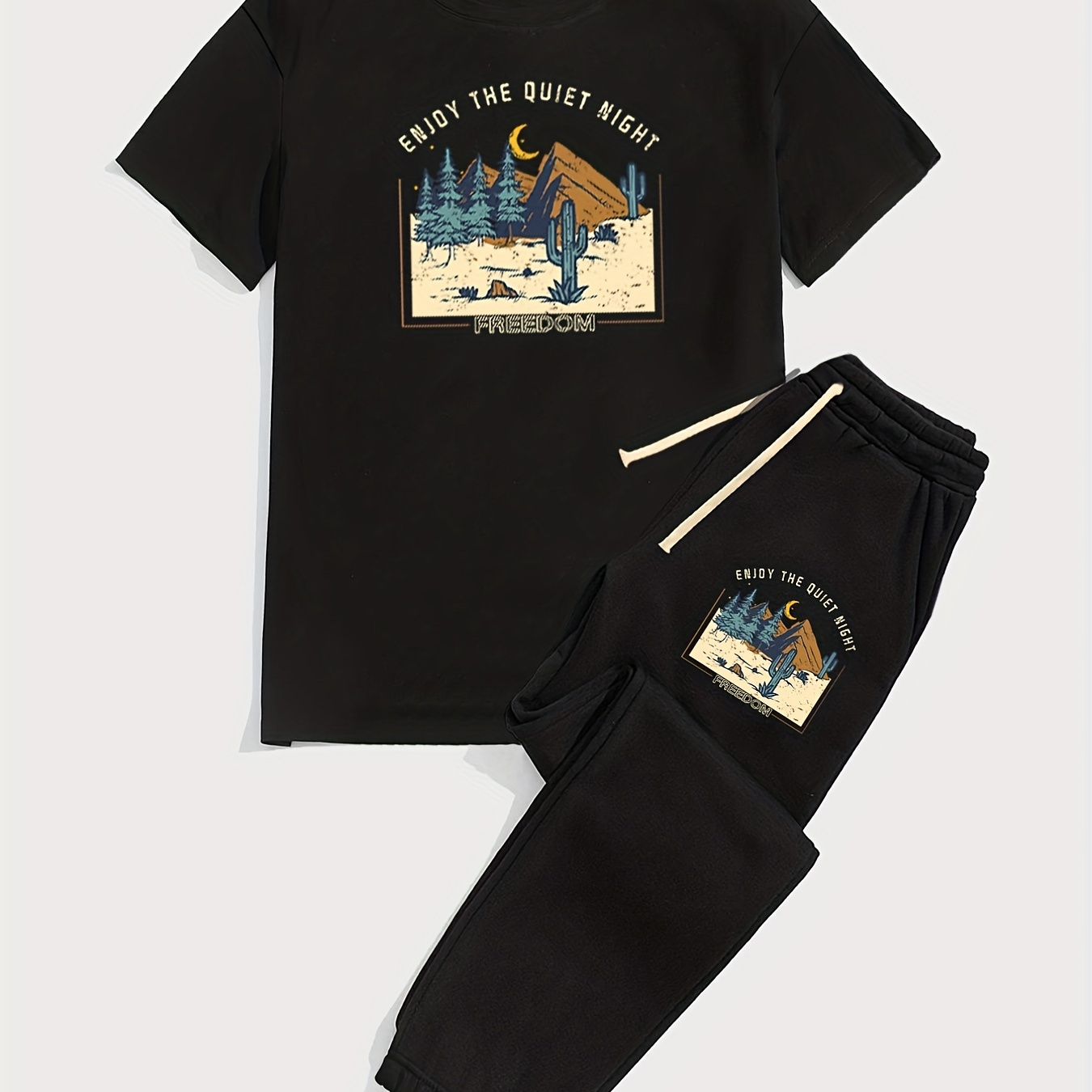

''enjoy The Quiet Night'' Print Men's 2pcs, Casual T-shirt And Loose Drawstring Jogger Pants