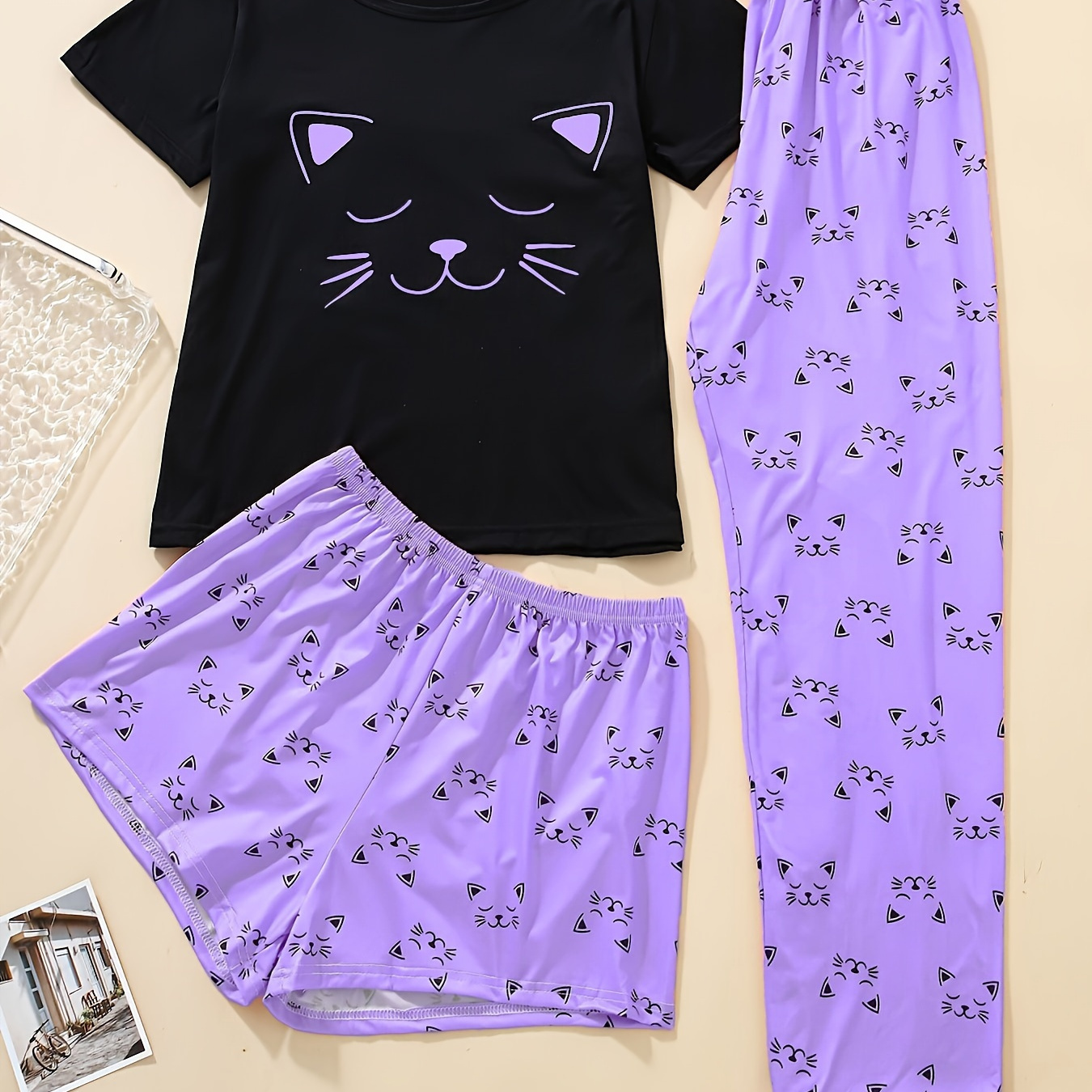 

Lady's Cute Cartoon Shorts And Long Pants Pajama Set - Adult Size, Polyester Material, Geometric Pattern, Knit Fabric