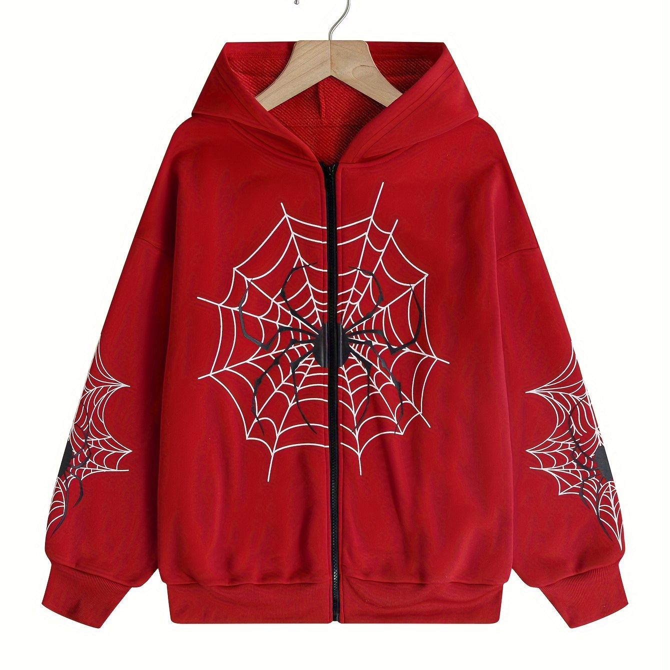 

Spider Wed Print Hoodies, Casual Zip Up Long Sleeve Sweawtshirt, Women's Clothing