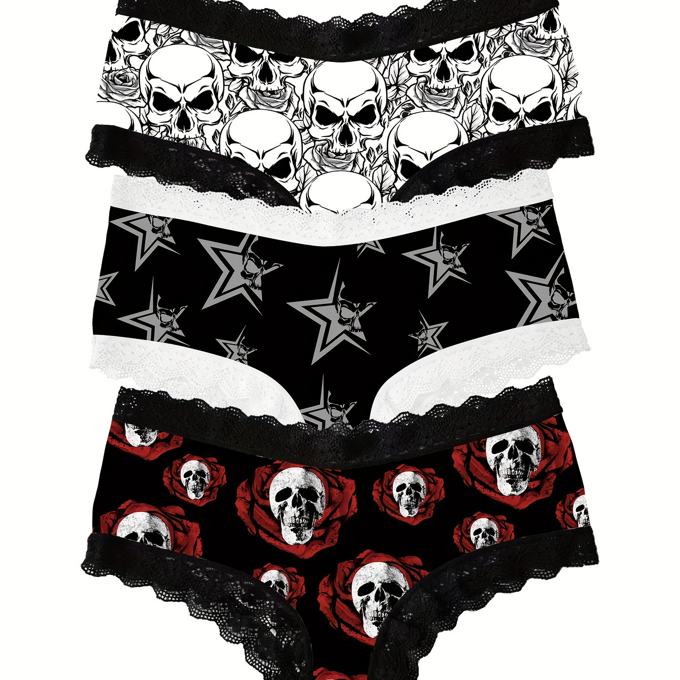 

3pcs Halloween Skull Print Panties, Breathable & Comfy Lace Trim Intimates Panties, Women's Lingerie & Underwear