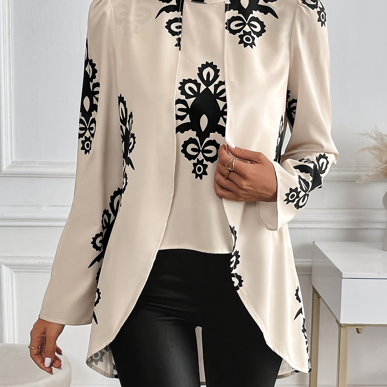 

Elegant Floral Print Layered Long Sleeve Blouse - Mock Neck, Machine Washable, Polyester & Elastane For Women - Spring/fall, Plus Size Blouses