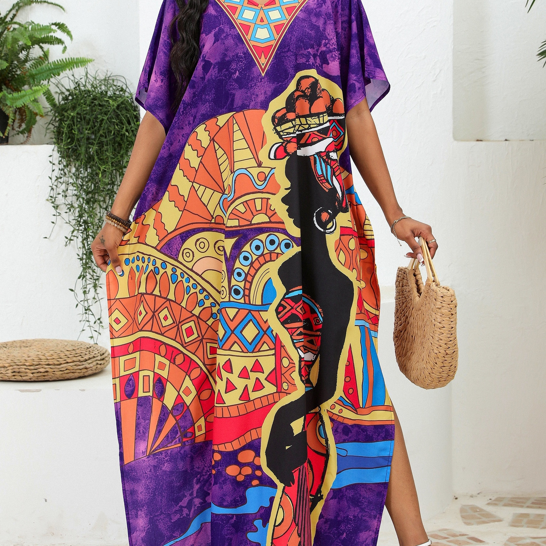 

Women's Boho Style Cover Up, Plus Size Figure Print V Neck Loose Fit Vacay Beach Kaftan Dress