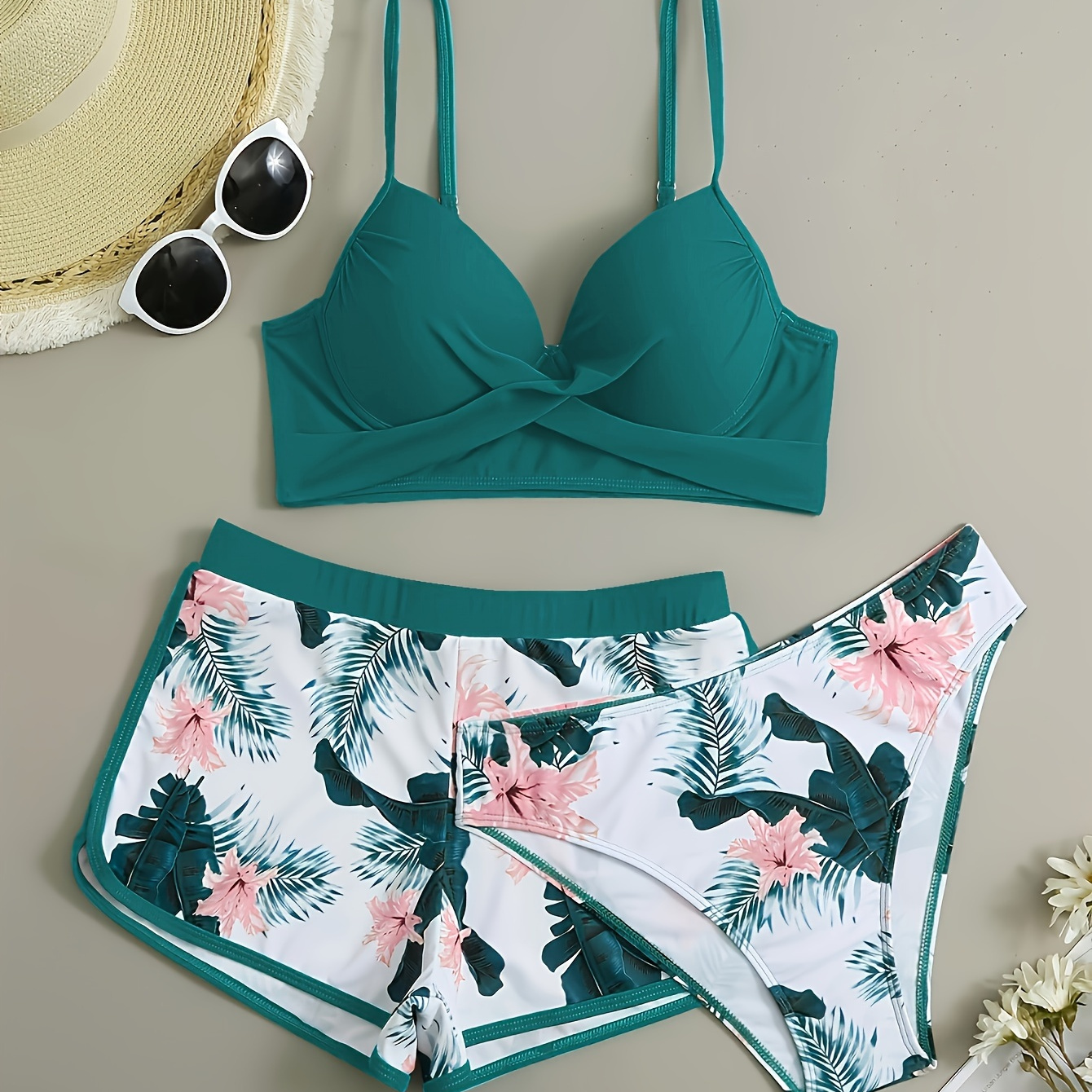 

Tropical Floral Print 3 Piece Set Bikini, Front Twist V Neck High Cut With Shorts Swimsuits, Women's Swimwear & Clothing