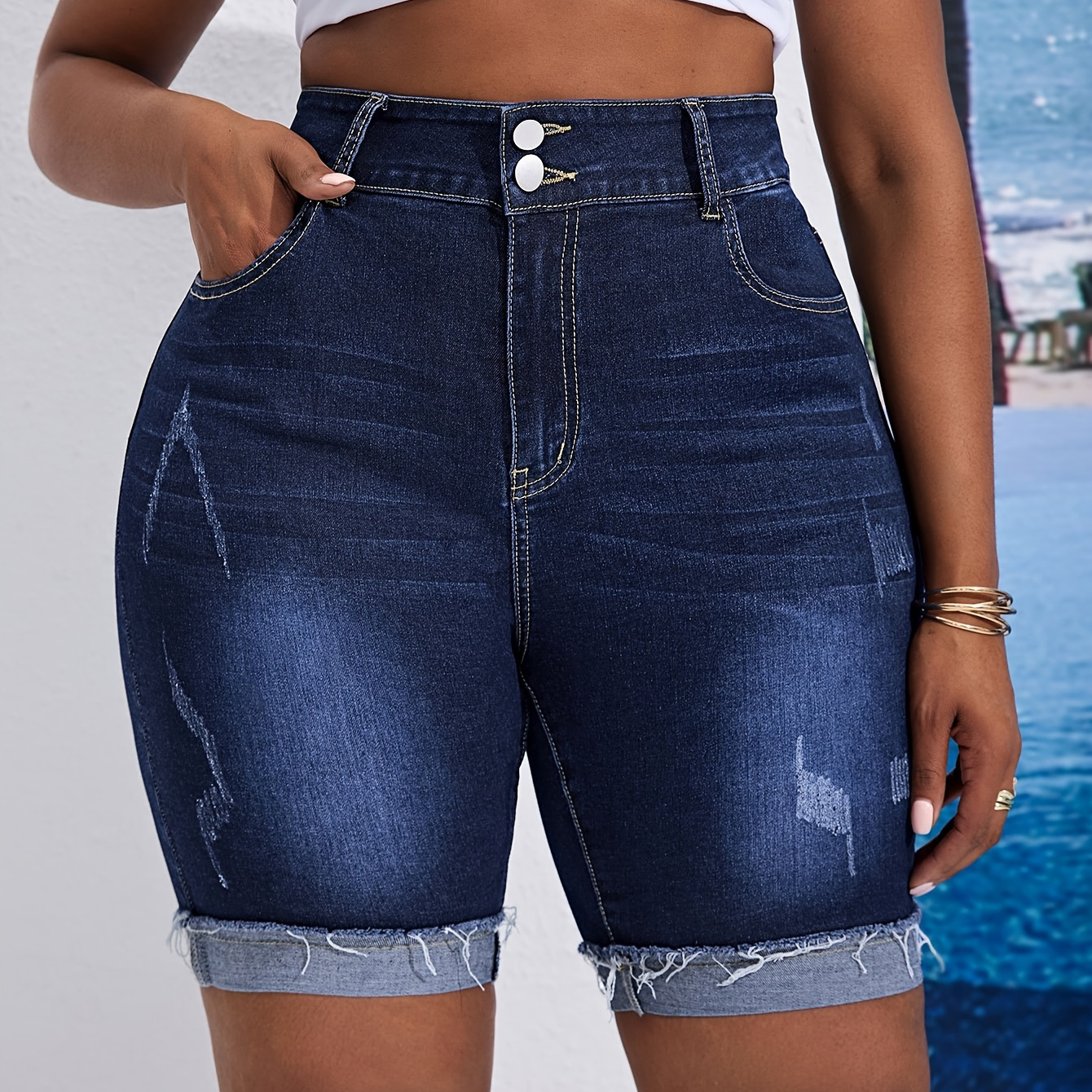 

Women's Plus Size Casual High Waist Double Buttons Frayed Rolled Hem Ripped Bermuda Denim Bicycle Pants