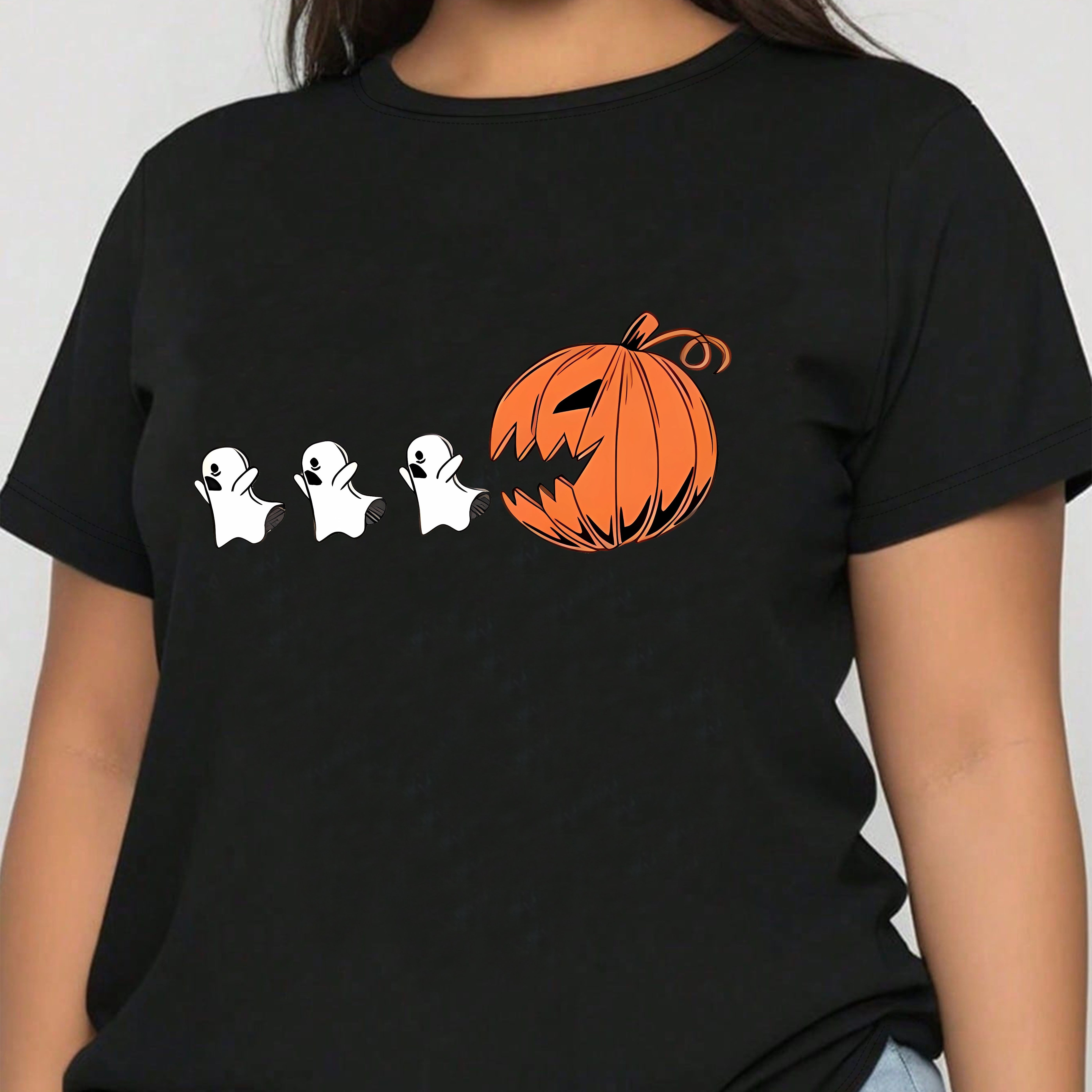 

Women's Plus Size Casual Sporty T-shirt, Halloween Pumpkin Spooky Ghost Print, Comfort Fit Short Sleeve Tee, Fashion Breathable Casual Top