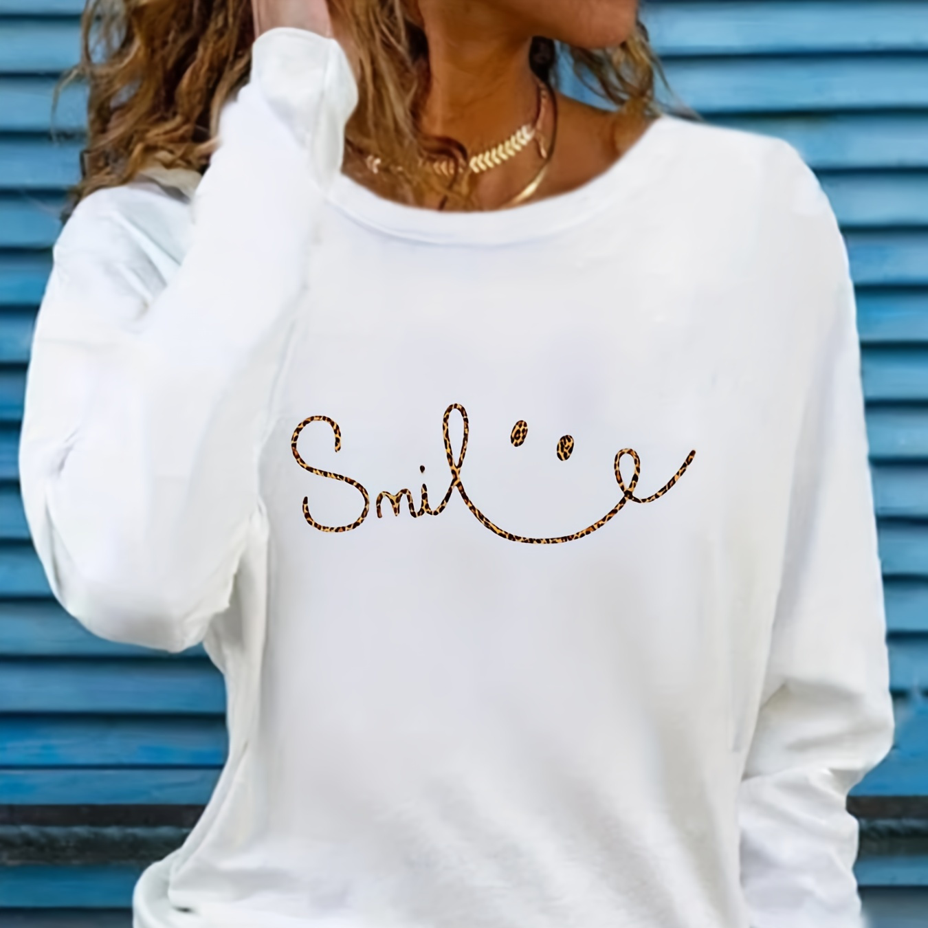 Smile Print Crew Neck T-shirt, Casual Long Sleeve T-shirt, Women's Clothing