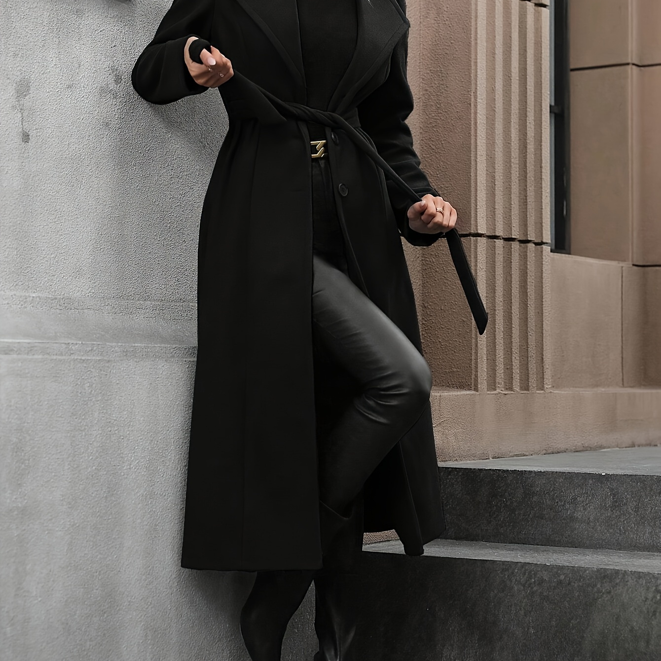 

Elegant Long Trench Coat With Belt - Polyester Solid Color Overcoat For Fall/winter - Coat With - Women' Outerwear Collection