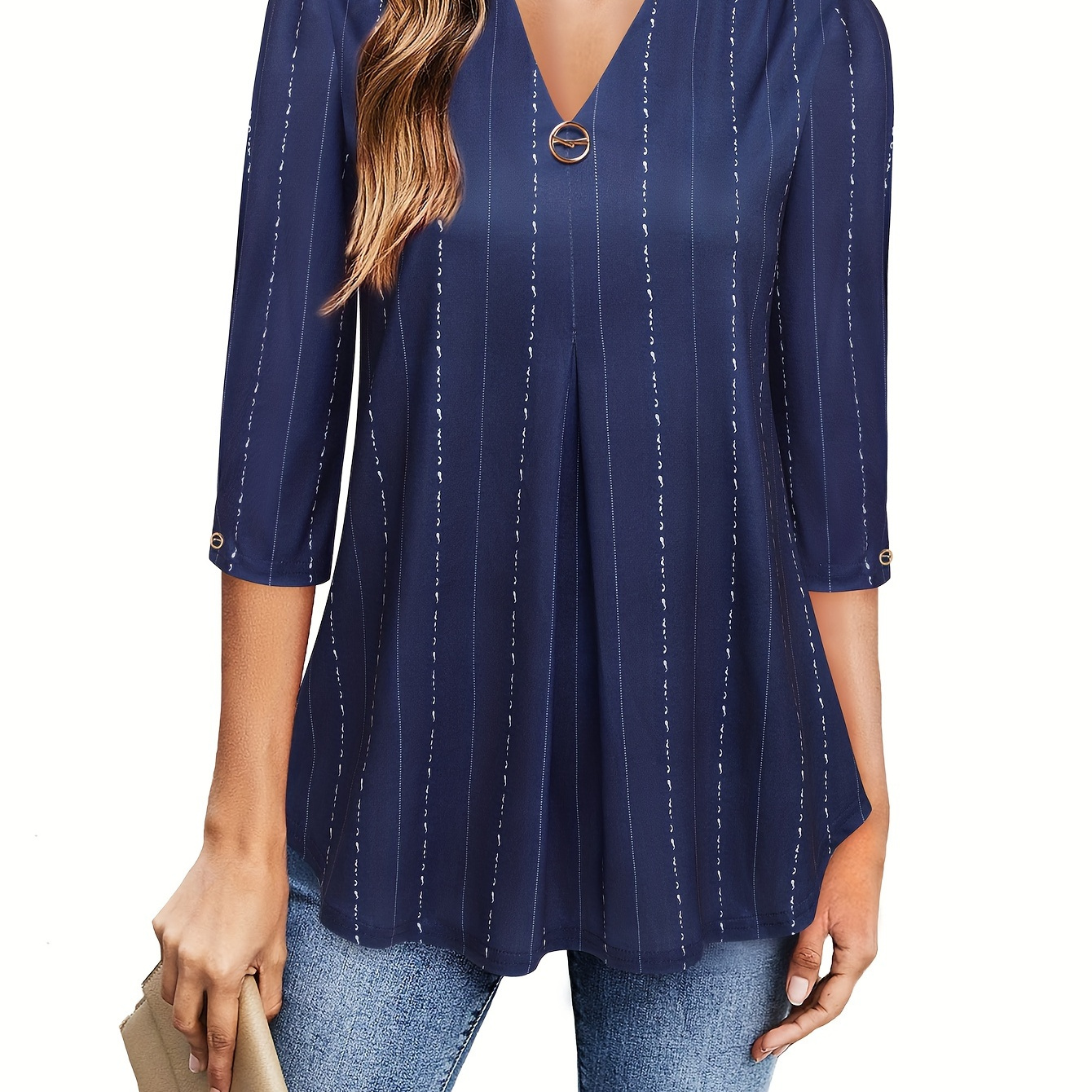 

Women's V-neck Striped 3/4 Sleeve Shirt Tunic