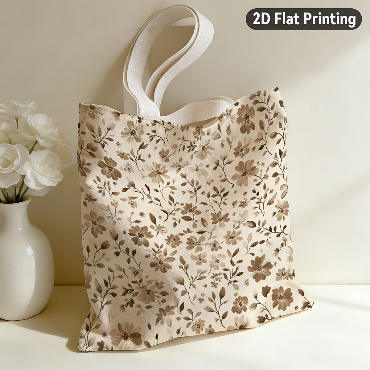 TEMU 1pc Vintage Floral Tote Bag With Duplex Print Soft Suitable For Grocery Shopping, Beach Trips, Commuting & Office - Durable Handbag In,,,, Tea