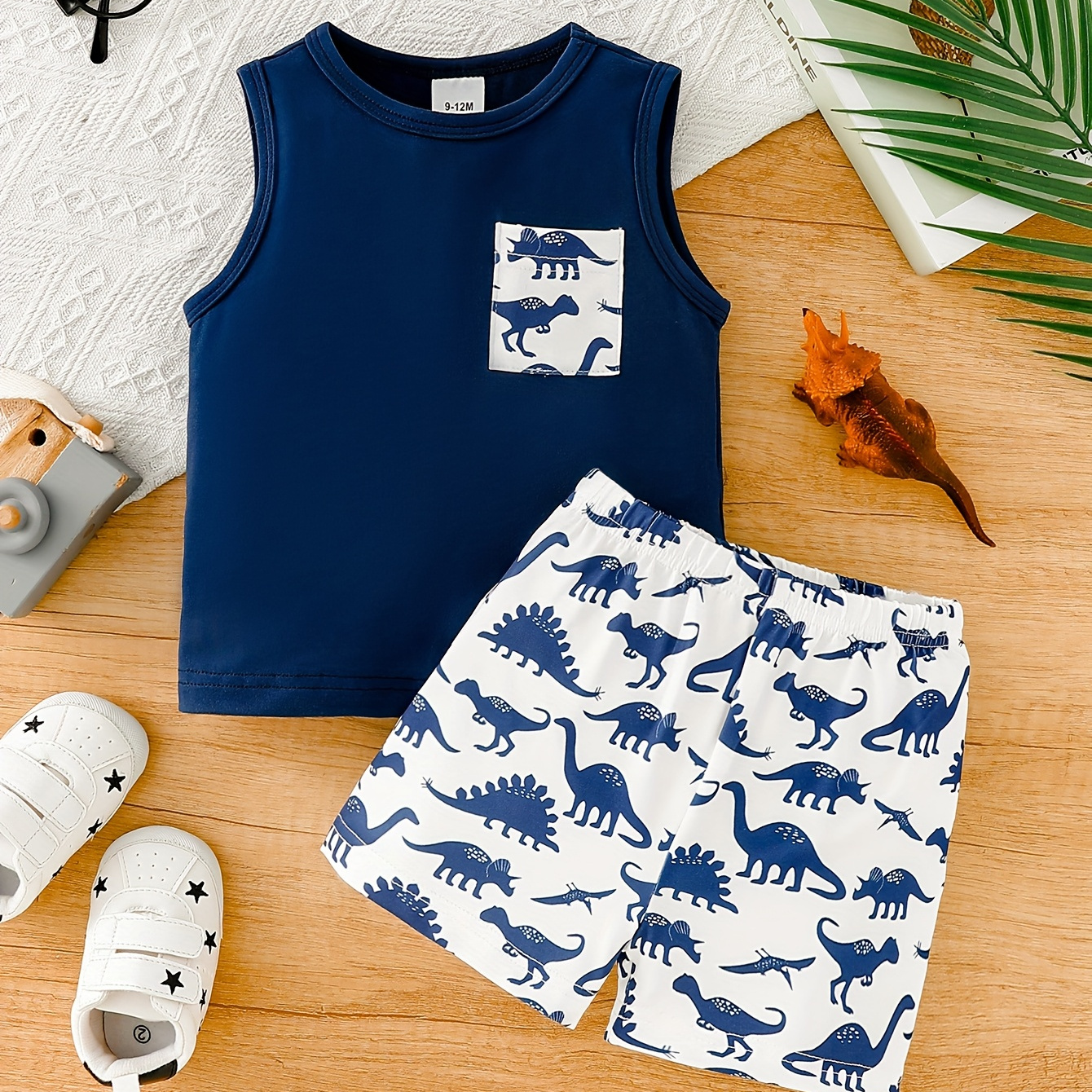 TEMU Popular Dinosaur Vest Set For Boys With A Pocketed Top And Patterned Shorts, Perfect For Casual And Trendy Wear, For Outdoor