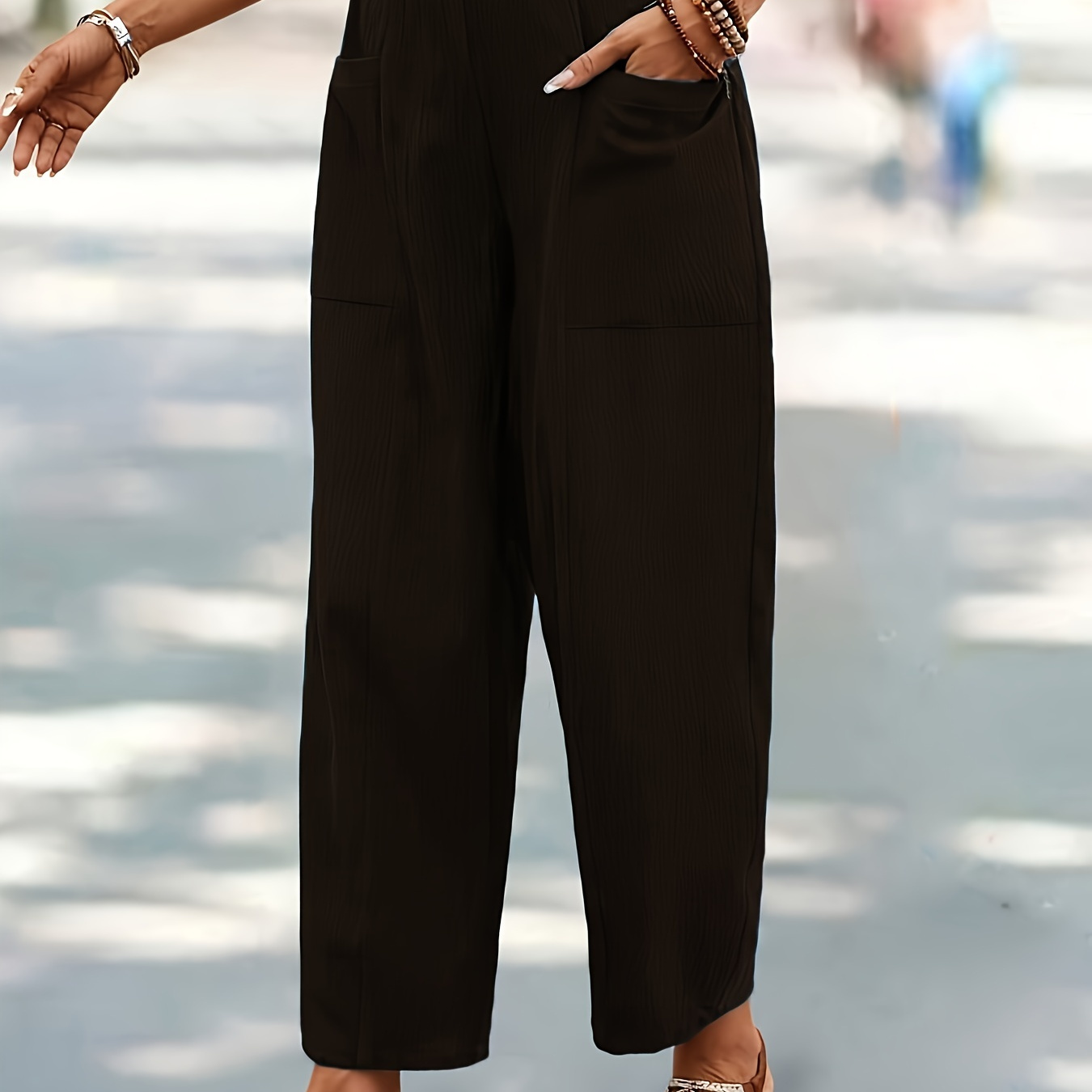 

Plus Size Solid Pocket Straight Leg Pants, Casual Elastic Waist Pants For Spring & Summer, Women's Plus Size Clothing
