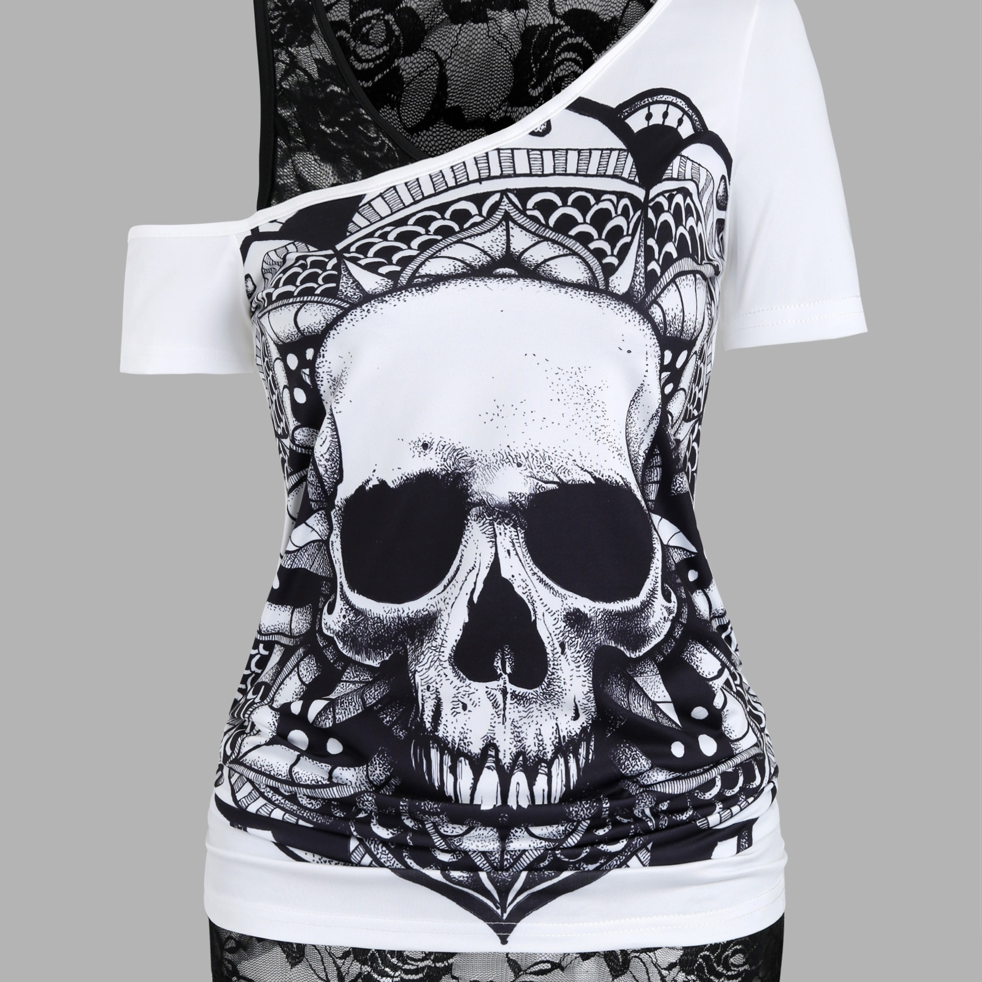 

Skull Print Two-piece Top, Casual One-shoulder Short Sleeve Ruched T-shirt &crew Neck Slim Lace Tank Top For , Women's Clothing