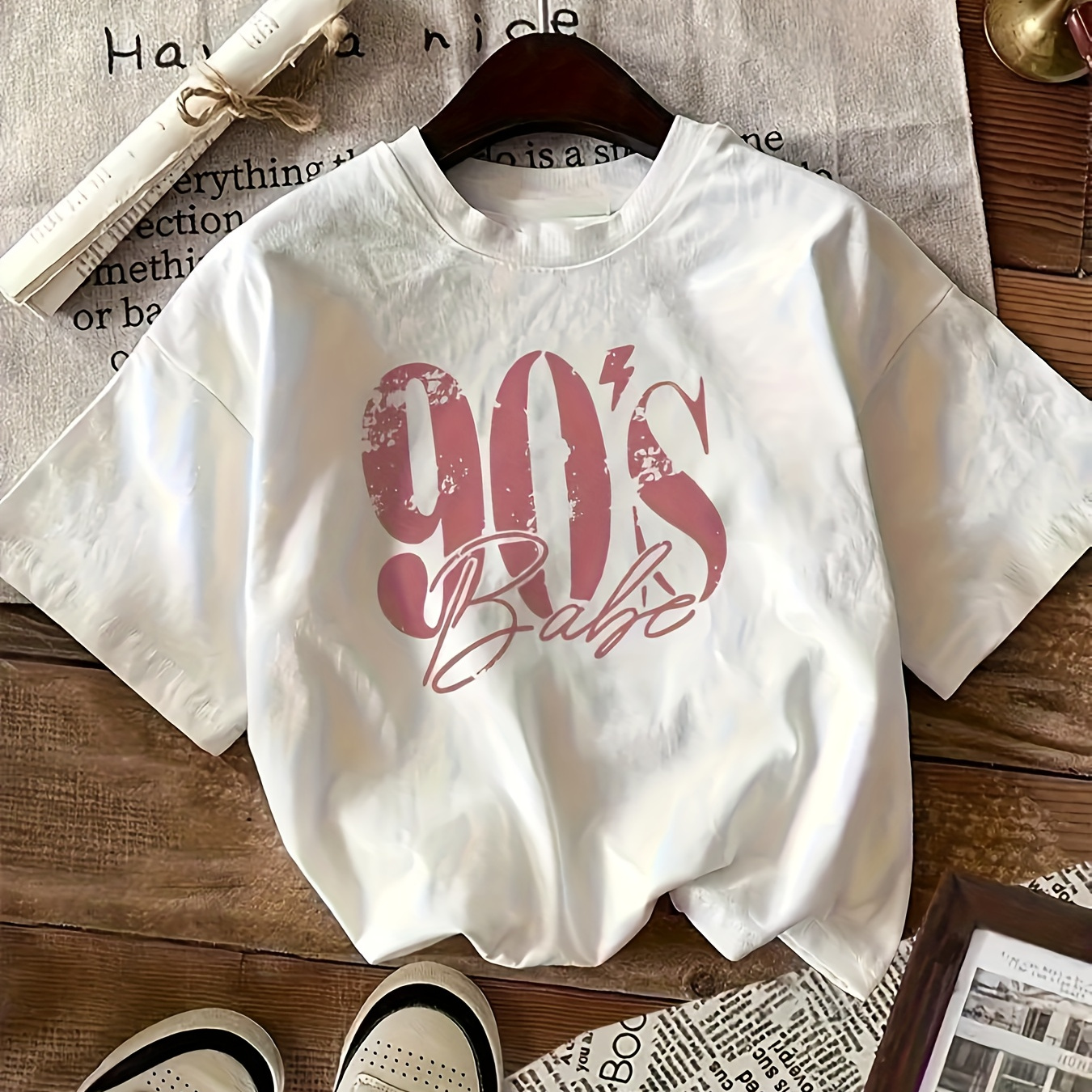 

90's Letter Print Short Sleeve Crew Neck T-shirt For Women