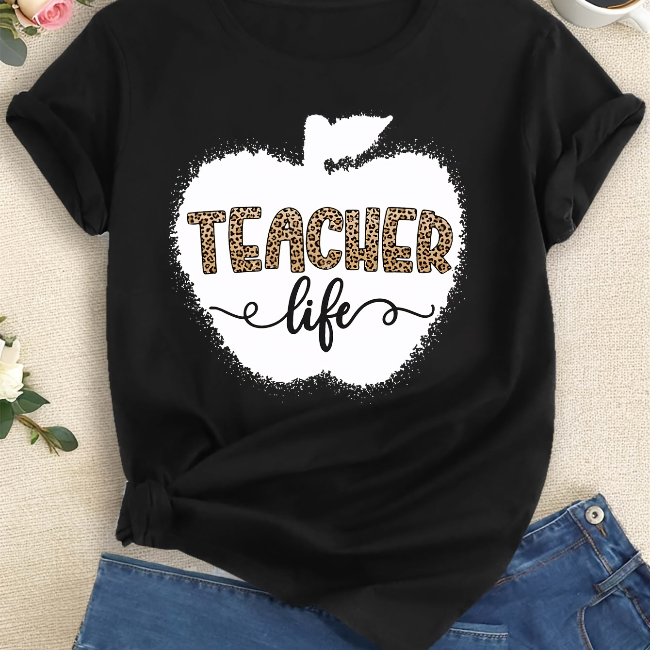 

Teacher Print T-shirt, Short Sleeve Crew Neck Casual Top For Summer & Spring, Women's Clothing