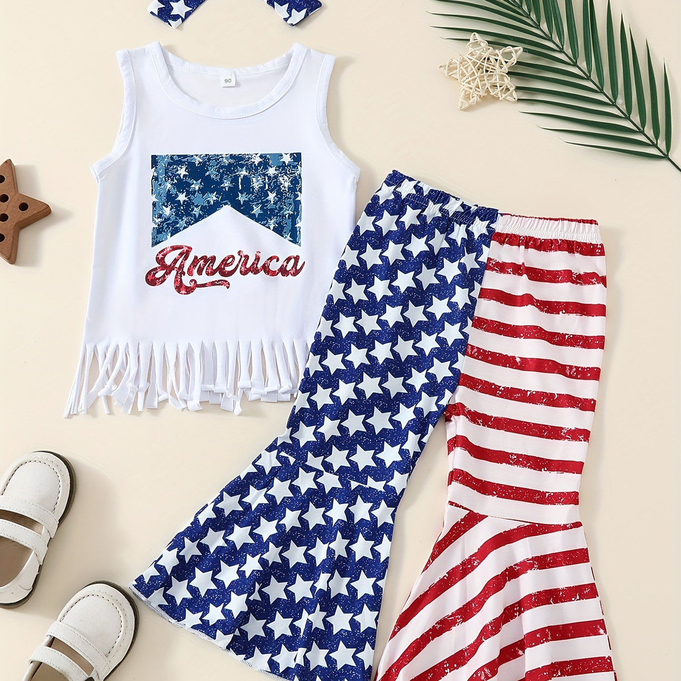

2pcs, America Print Tassel Hem Sleeveless T-shirt Top + Splicing Striped Star Graphic Flare Pants Set For Girls Summer Independence Day